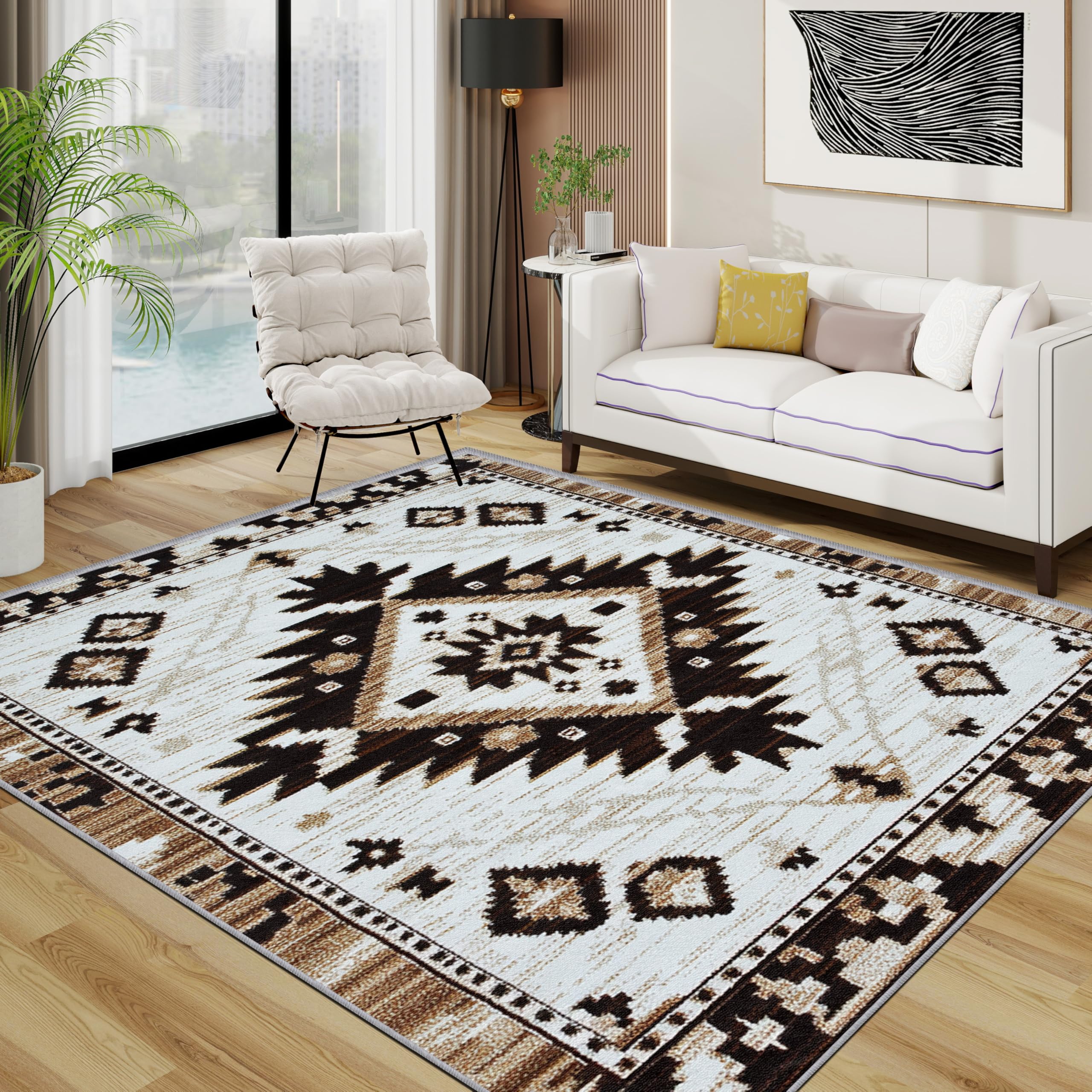Aztec Area Rugs for Living Room 120x180 - Navajo Ethnic Geometric Rug for Bedroom, Southwestern Tribal Non Slip Washable Short Pile Carpet, Aztec House Decor