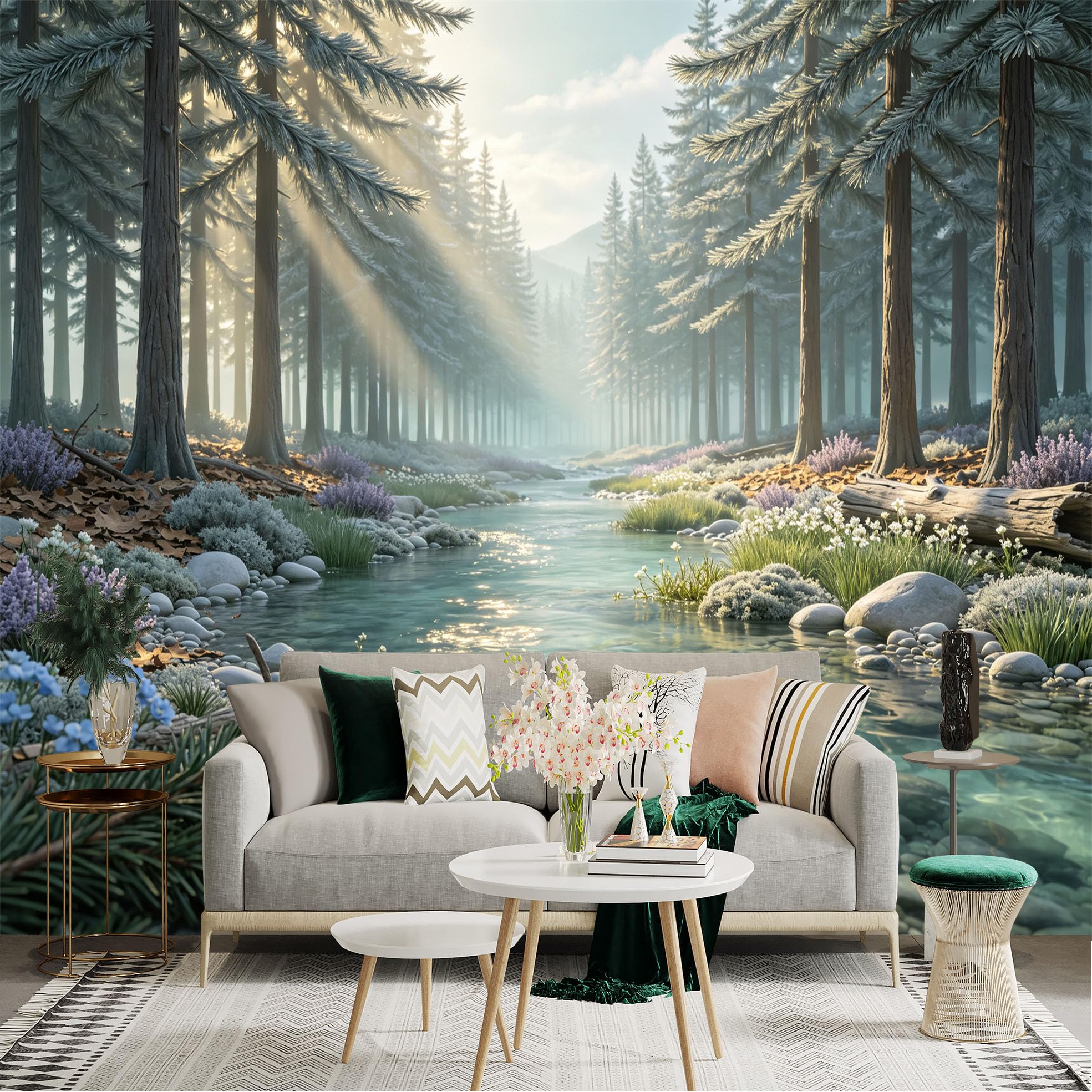 Lnzczhyre Bh260719076 Custom Size Wall Sticker Mural， Enchanted Woodland Stream， Sunlit Conifer Trees， Peaceful Nature Landscape， Serene Forest Path， For Wall Decoration， Peelandstick Wall Decals.