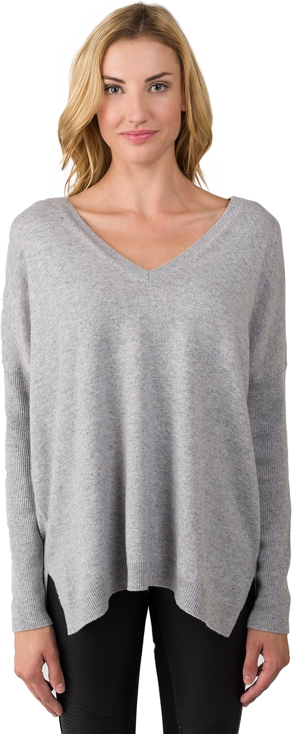J CASHMERE Women's 100% Cashmere Slouchy Dolman Sleeve Double V Neck Sweater