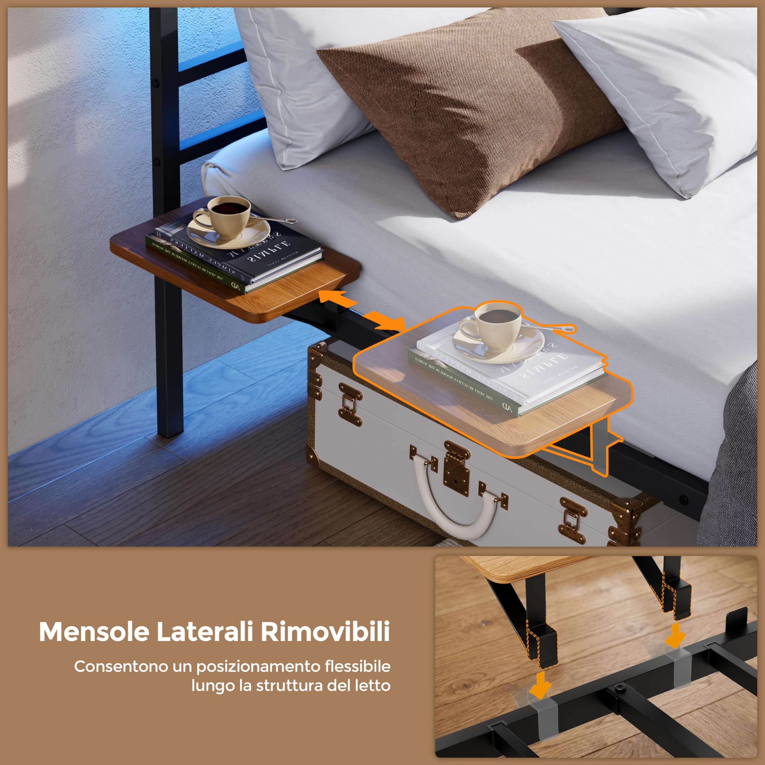 Yaheetech Letto 160 × 200 cm in Metallo, Letto Matrimoniale con Illuminazione a LED e Stazione di Ricarica, Struttura Letto con Testiera in Legno e Rack Laterale, Facile da montare