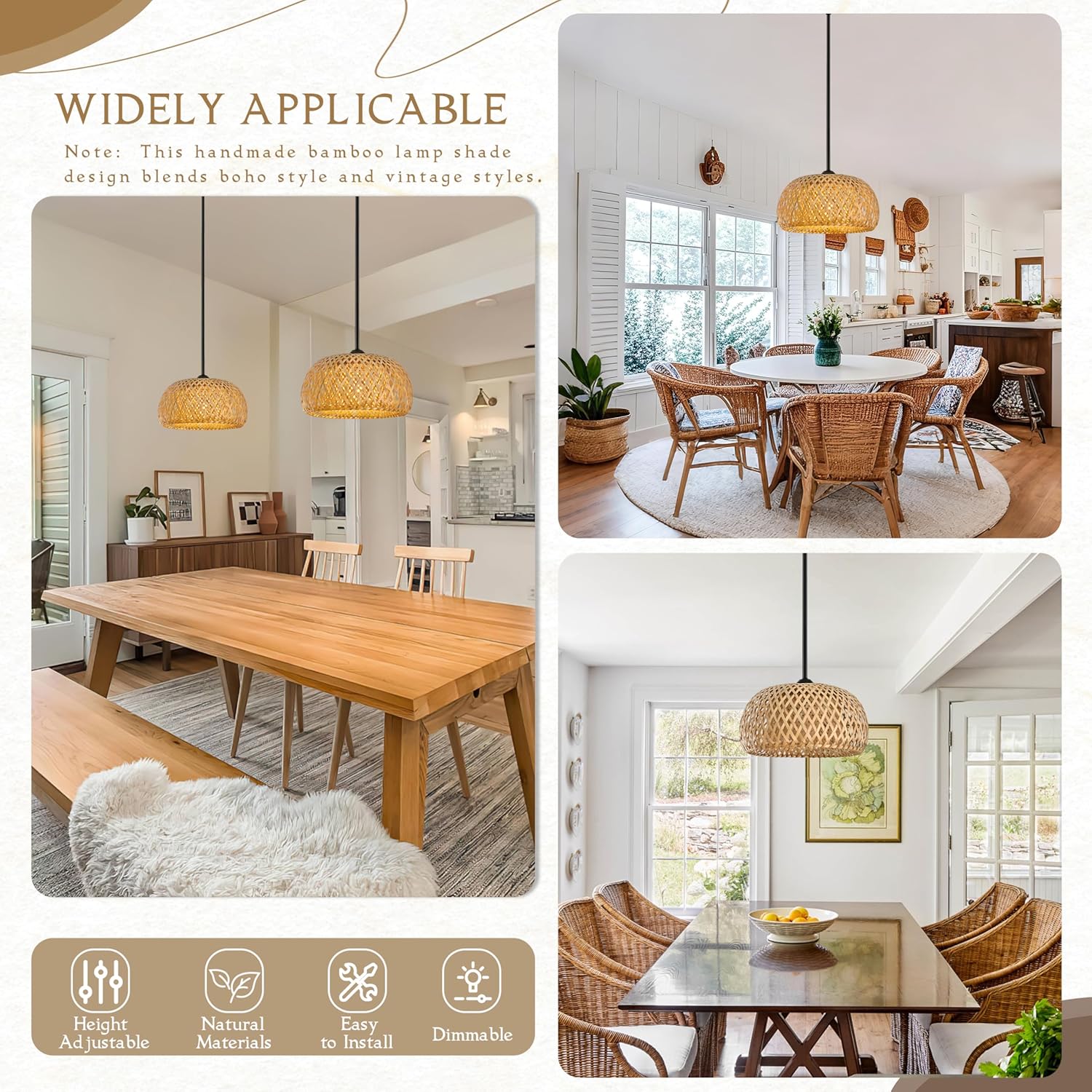 12" Bamboo Pendants Light Wicker Pendant Lights Boho Chandelier Adjustable Rustic Basket Rattan Pendant Wicker Light Fixture Woven Pendants for Kitchen Island Dining Room (Bulb Incl.)