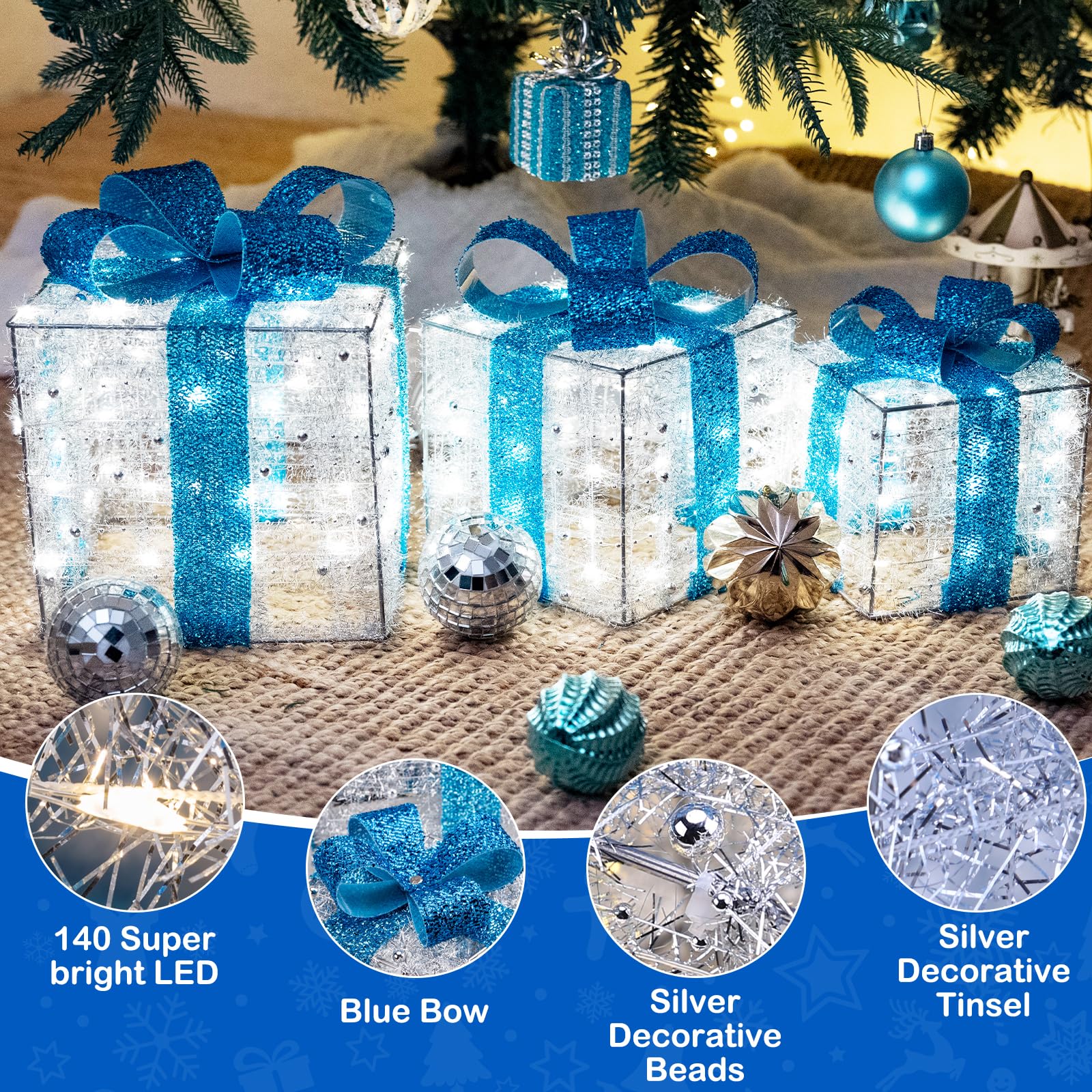 Christmas Decorations, 140 LEDs Set of 3 Lighted Gift Boxes with Silver Tinsel and Bows, Warm White Present Boxes for Indoor Outdoor Holiday Party Yard Bedroom Home Xmas Decor: Blue