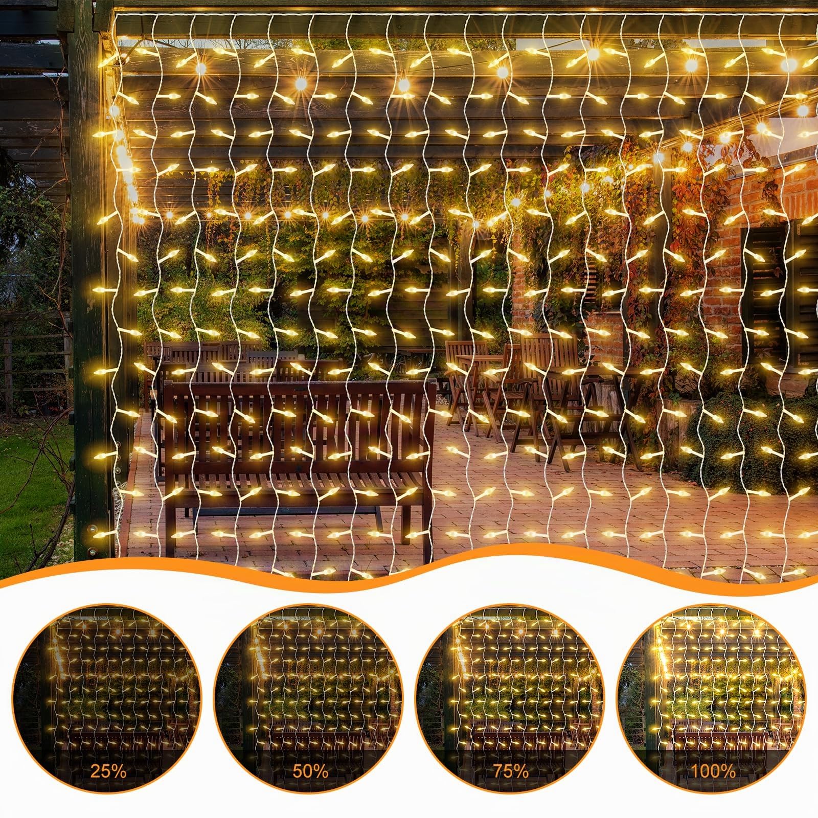 Guirlande Lumineuse Extérieur/intérieur, 4x 2m 400 LED Avec prise Filet Lumineux Exterieur, 8 Modes Guirlande Lumineuse IP44 Étanche Pour Pergola Jardin Extérieur Interieur Décorations - Blanc Chaud