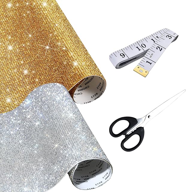 Allazone 24000 Pieces Bling Bling Crystal Rhinestones Sticker DIY, Self-Adhesive Crystal Stone Diamond Rhinestone Sheet Glitter Diamond, Scissors and Ruler for Car Gift Decoration (Gold Silver)