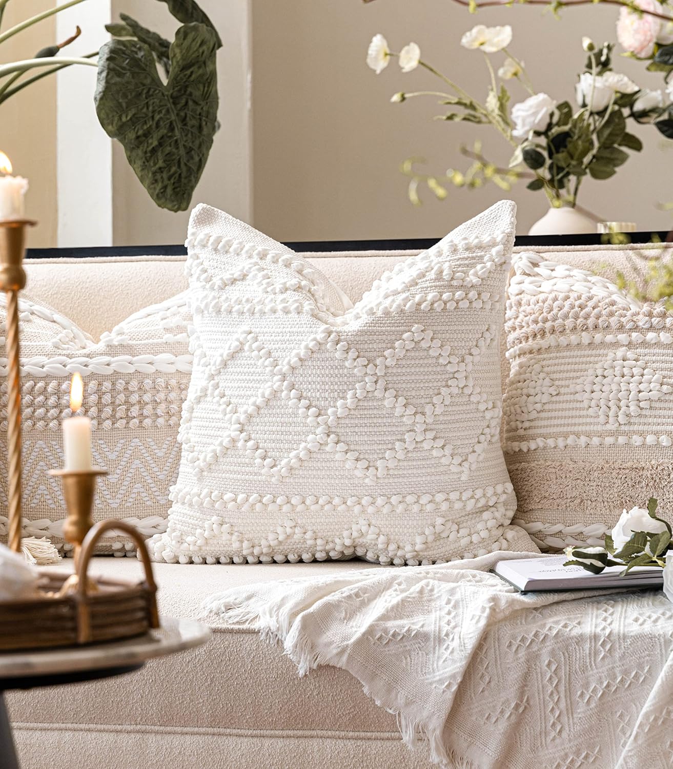 BlissBlush Pure White Decorative Throw Pillow Cover 20X20, Boho Accent Pillow for Couch, Square Modern Farmhouse Pillowcase for Living Room Couch Sofa Cushion Home Décor (Pack of 1) - Image 4