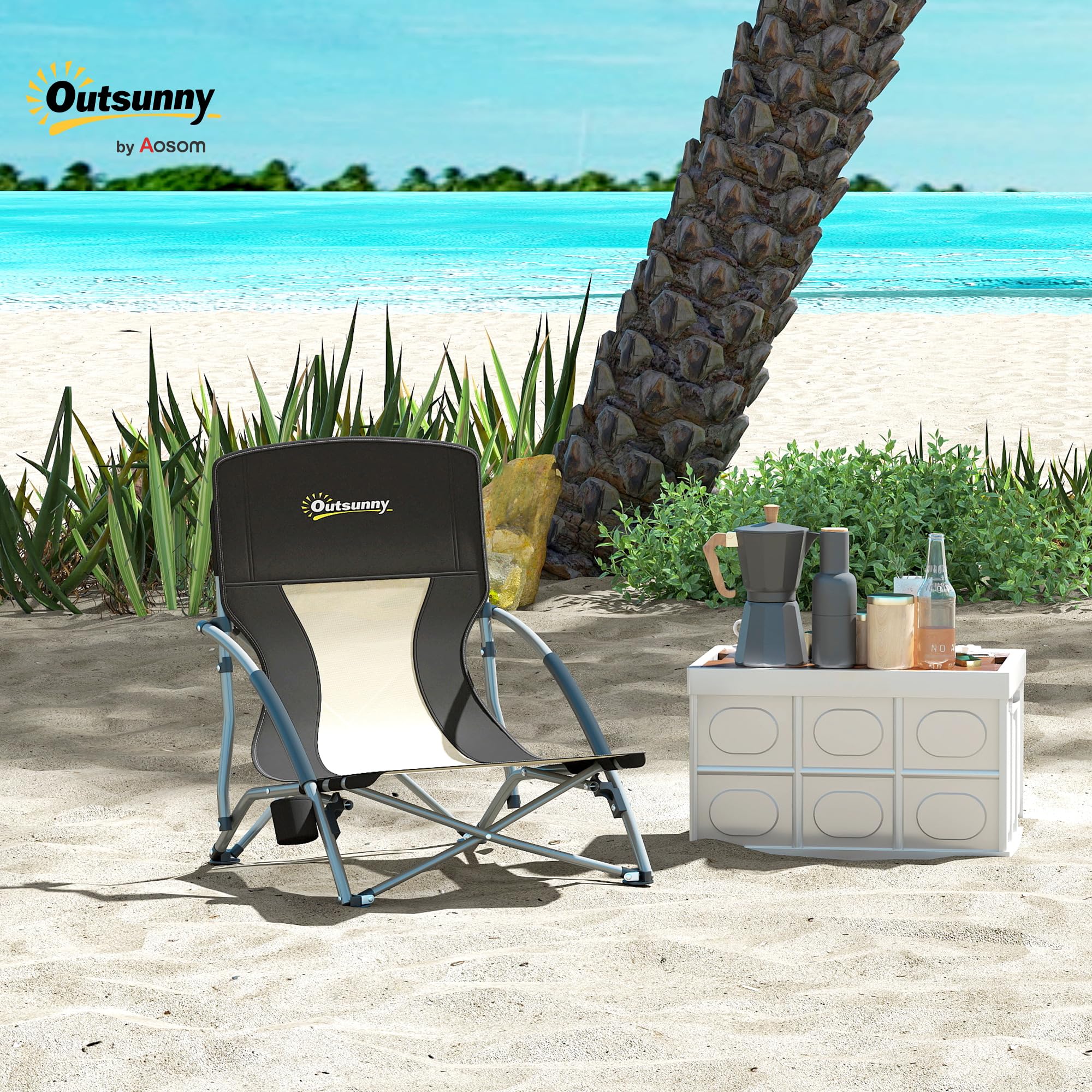 Outsunny Sedia da Spiaggia Pieghevole con Schienale a Rete, Sedia da Campeggio con Braccioli, Portabicchieri e Borsa di Trasporto, per Giardino Patio Esterno, Nero