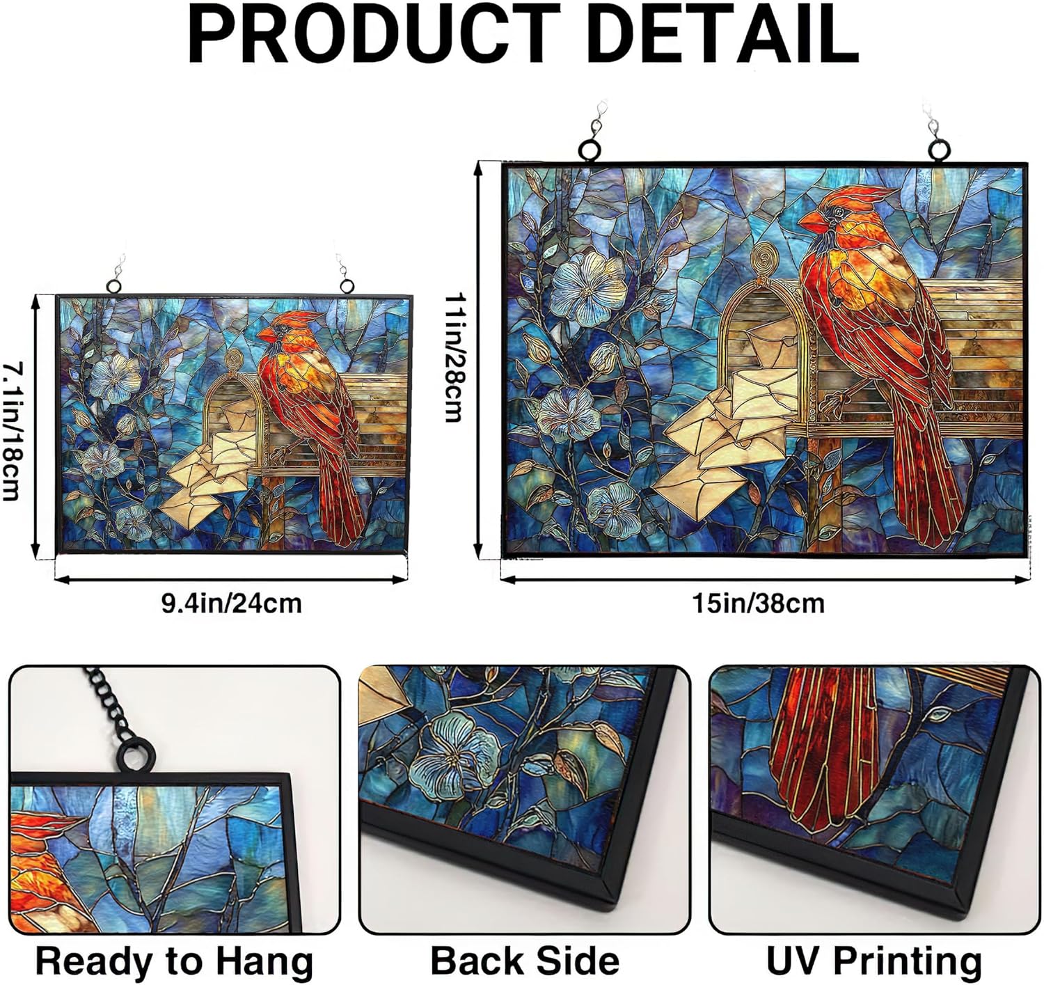 Customized Rectangle Nature Inspired Christmas Cardinal On Mailbox Suncatchers for Windows, Stained Glass Window Hangings,Hand-Painted Glass Panel Perfect for Home Décor