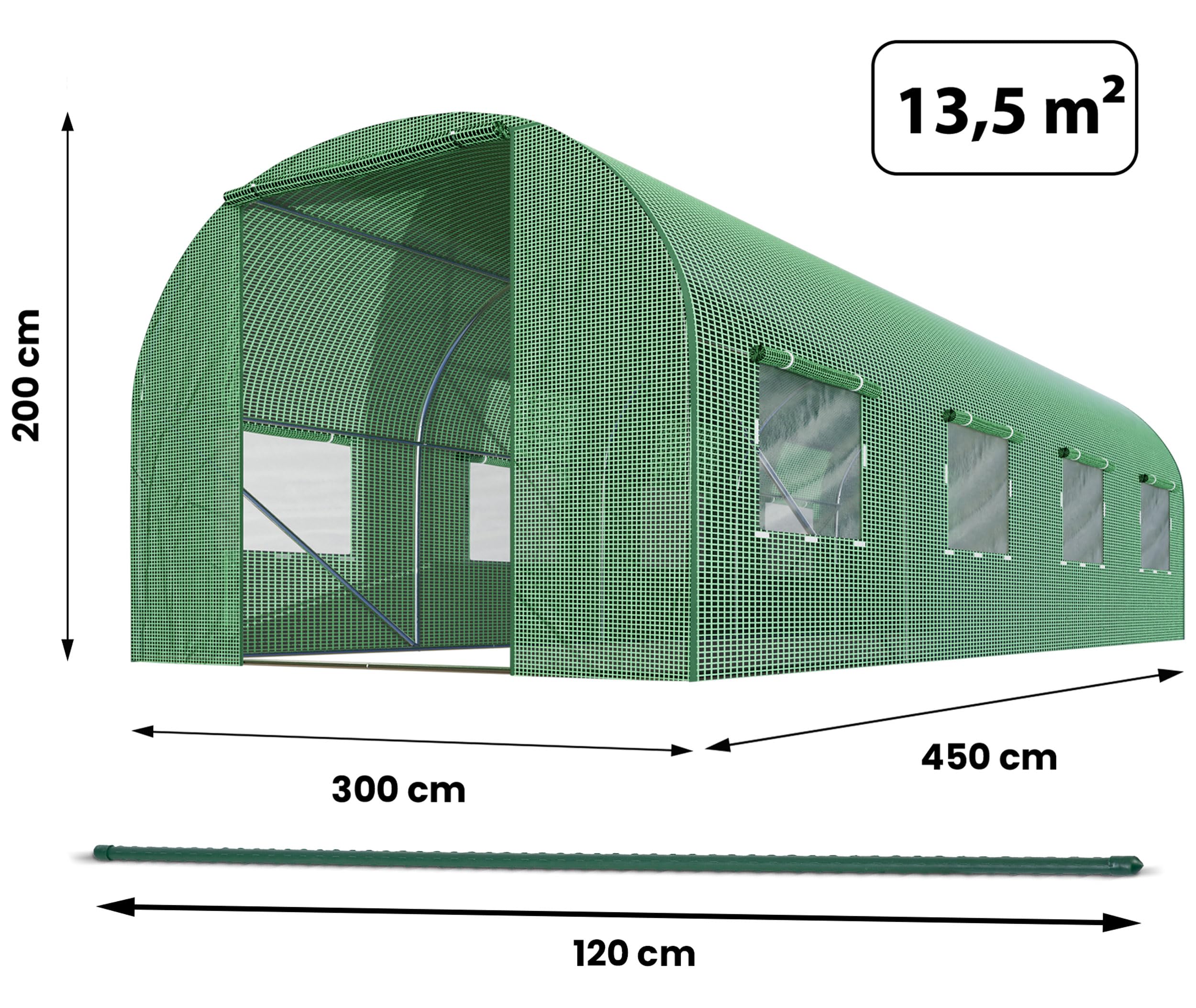 Szklarnia Foliowa Tunel Ogrodowy Stalowe Profile Okna Z Moskitierami 3 x 4,5 x 2 m 13,5m2 Zielony