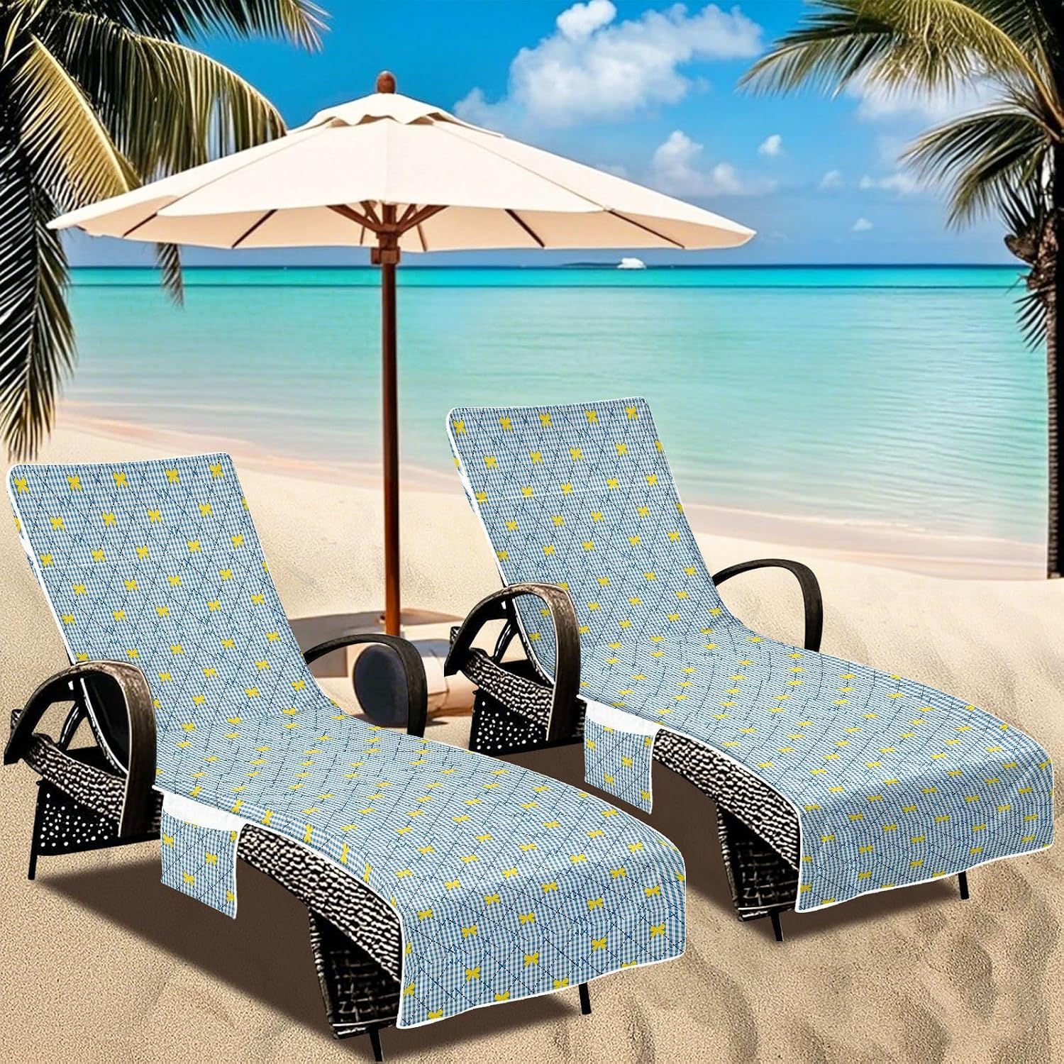 Yellow and Blue Bow Check Decorative Patio Lounge Chair Covers Microfiber Soft Outdoor Furniture Lounge Chair Towel Cover for Outdoor Pool Beach Sunbathing, fundas para 85" X 30"