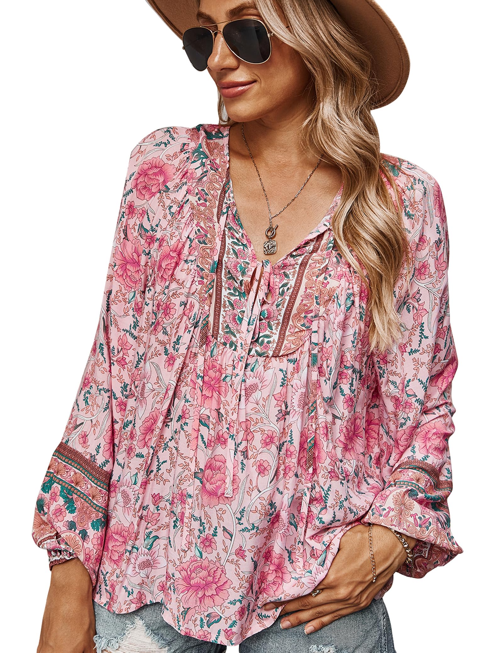 Chemisier pour Femme élégant décontracté Style bohème col en V Motif Floral Tunique Ample à Manches Longues été