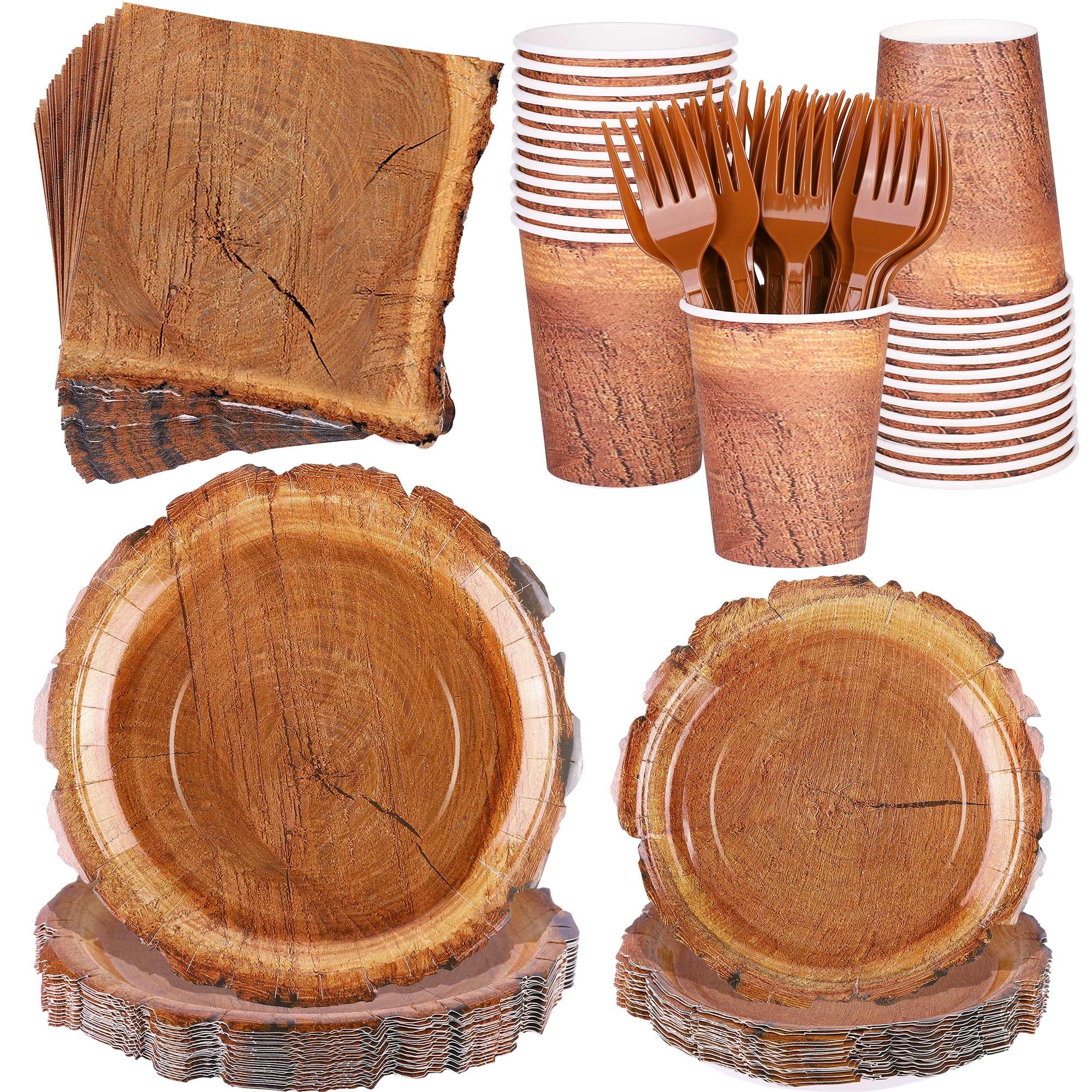 Kochorie 144 Pieces Camping Wood Grain Slice Tableware Sets Rustic Wood Party Decorations Paper Plates Napkins Cups Forks Serves 24 for Forest Themed Party Decorations Hunting Birthday Supplies