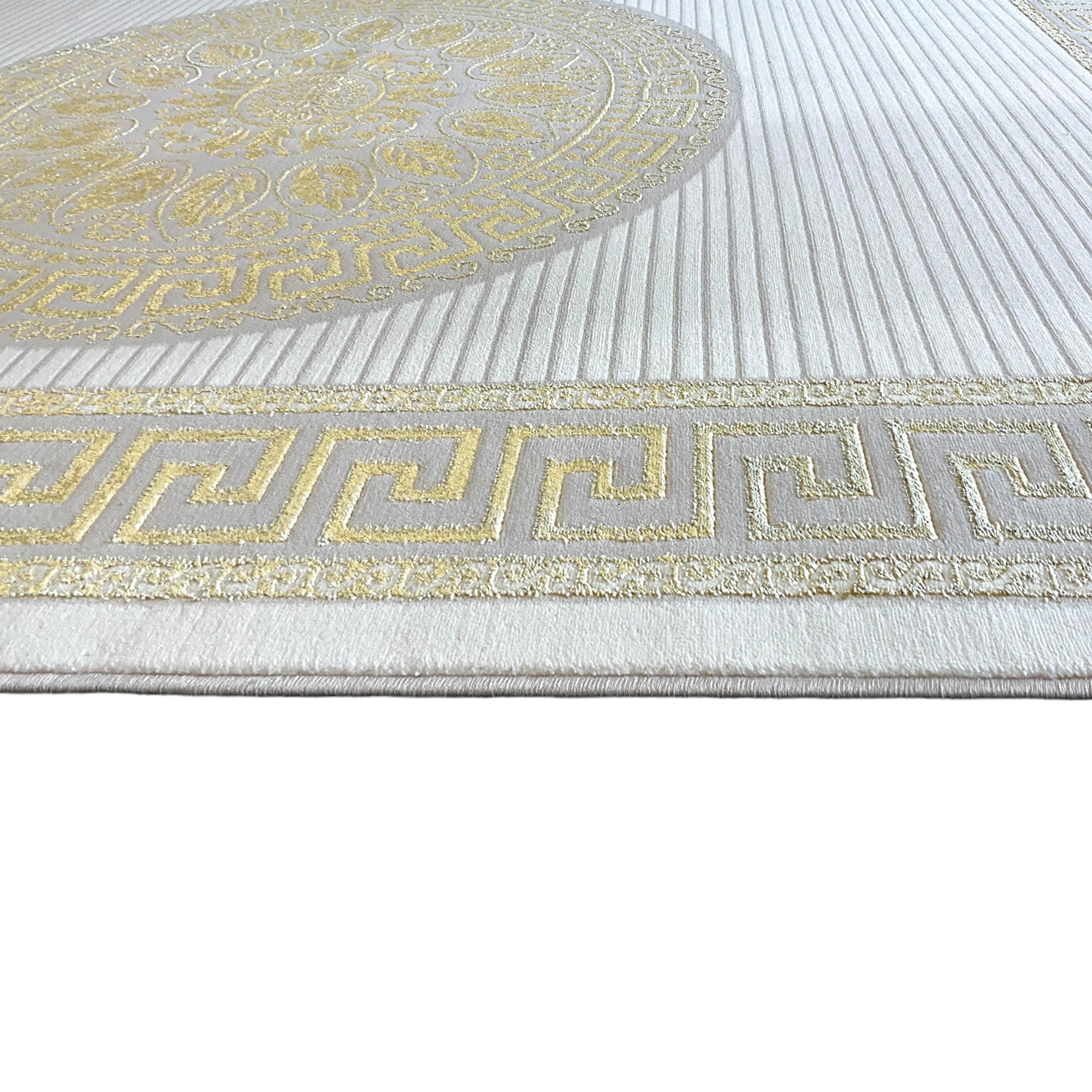 Teppich-Traum Dywan do salonu, sypialni, korytarza, długi bieżnik z krótkim włosiem, orientalny, elegancki ornament, efekt połysku, meander, kremowy, złoty, 100 x 300 cm
