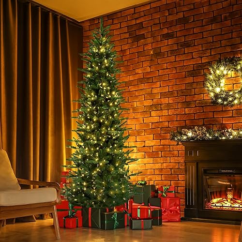 Miniatura 62 de Fraser Hill Farm Árbol de Navidad artificial de pino carmel delgado de 7.5 pies con luces inteligentes incandescentes blancas y soporte, árbol falso