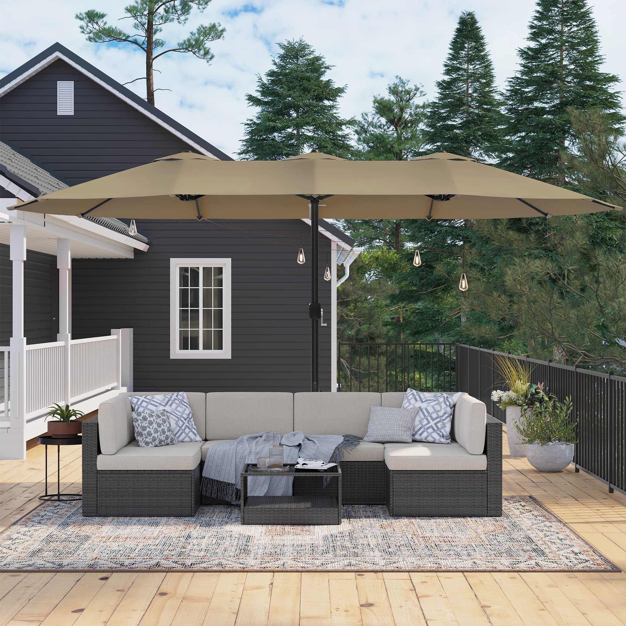 SONGMICS Ombrellone Doppio da Giardino, Parasole di 460 x 270 cm, Extra Grande, UPF50+, con Manovella, per Mercato Esterno Terrazzo, Base non Inclusa, Tortora GPU36BR