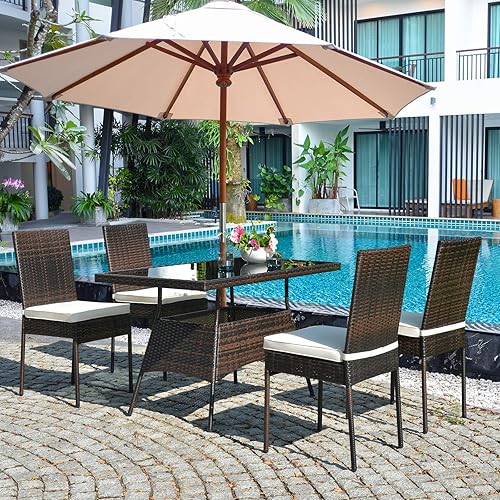 Miniatura 2 de Tangkula 5 Piece Patio Wicker Dining Set, Outdoor Rattan Table and Chairs with w/Tempered Glass Table Top & Padded Cushions, Wicker Patio