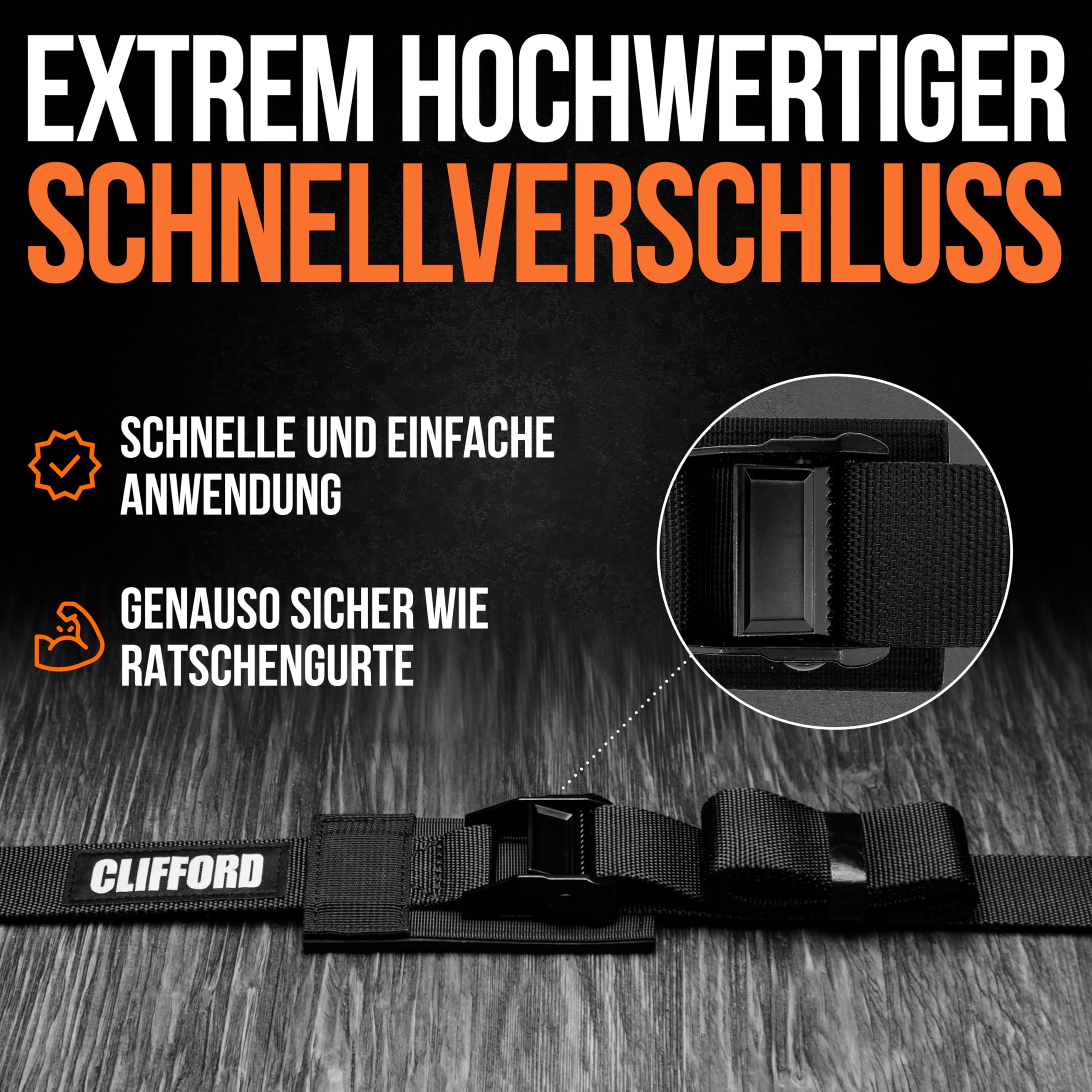 CLIFFORD Sicherheits-Spanngurt Extra Breit 38mm - Druckverteilender Zurrgurt nach EN12195-2, 400kg LC / 800kg Bruchlast, Profi-Befestigungsgurt für Motorrad, Dachbox, SUP, Bauholz, Transport