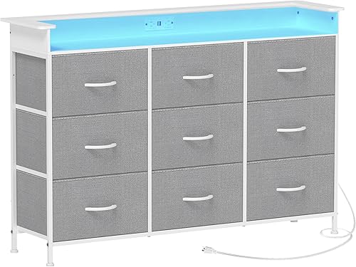 Miniatura 8 de EXOTICA - Cómoda gris con luz LED para dormitorio, cómoda con 9 cajones y estación de carga, cómodas y cómodas para entrada, armario, habitación de