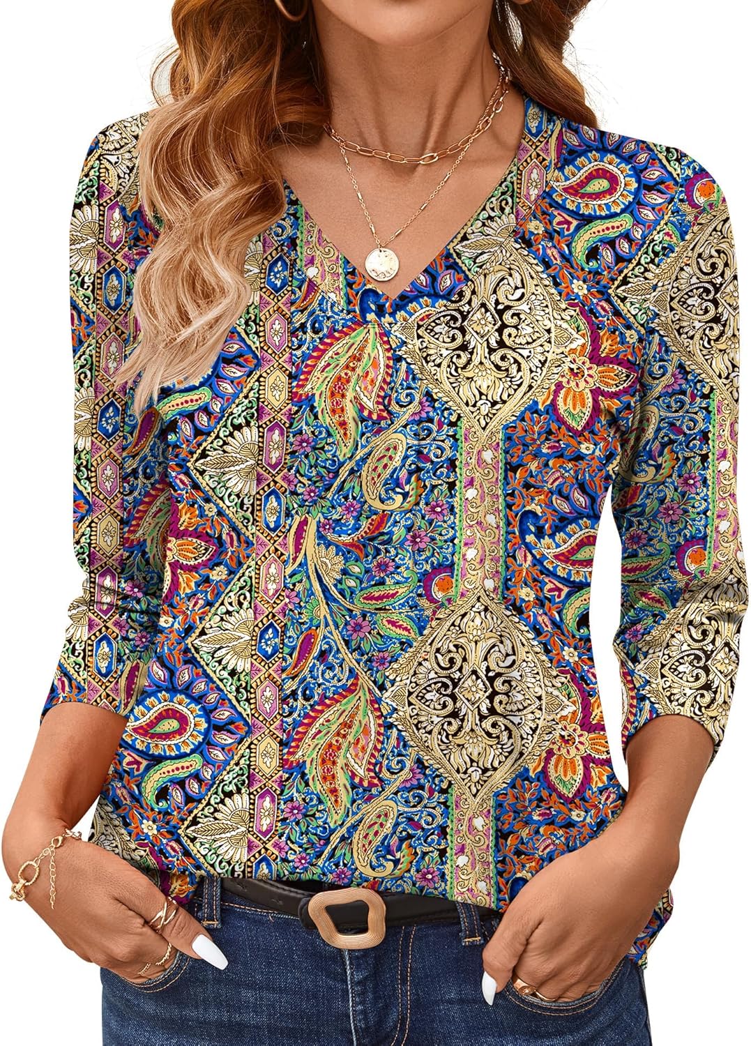 AKEWEI 3/4 Length Sleeve Womens Tops V Neck T Shirts Dressy Casual Pleated Spring Fashion 2026 Work Blouses