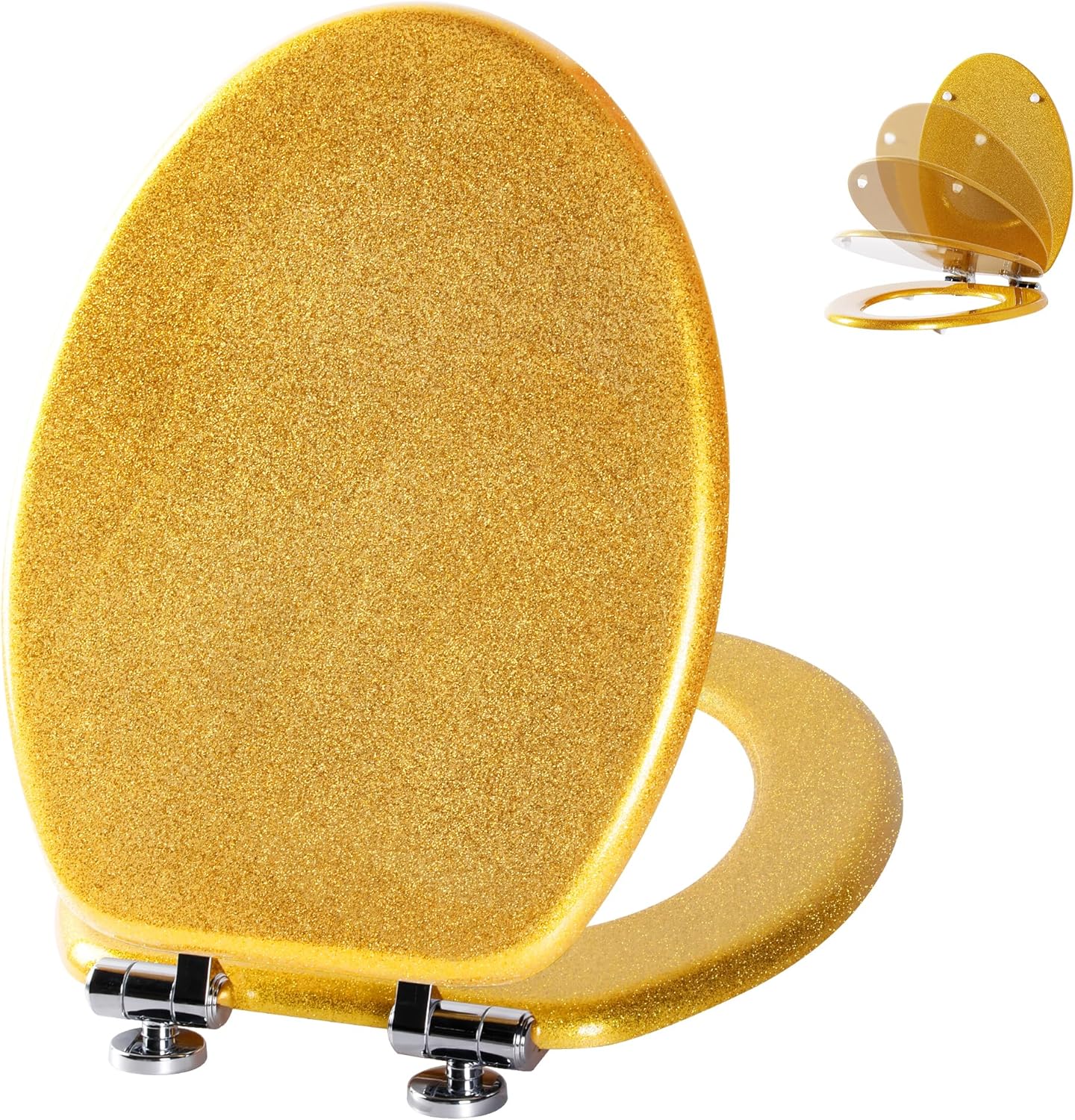 Angol Shiold Glitter Toilet Seat Molded Wood Elongated Toilet Seat with Quietly Close and Quick Release Hinges, Easy to Install also Easy to Clean (Elongated 18.5'', Gold) Elongated 18.5‘’ Gold