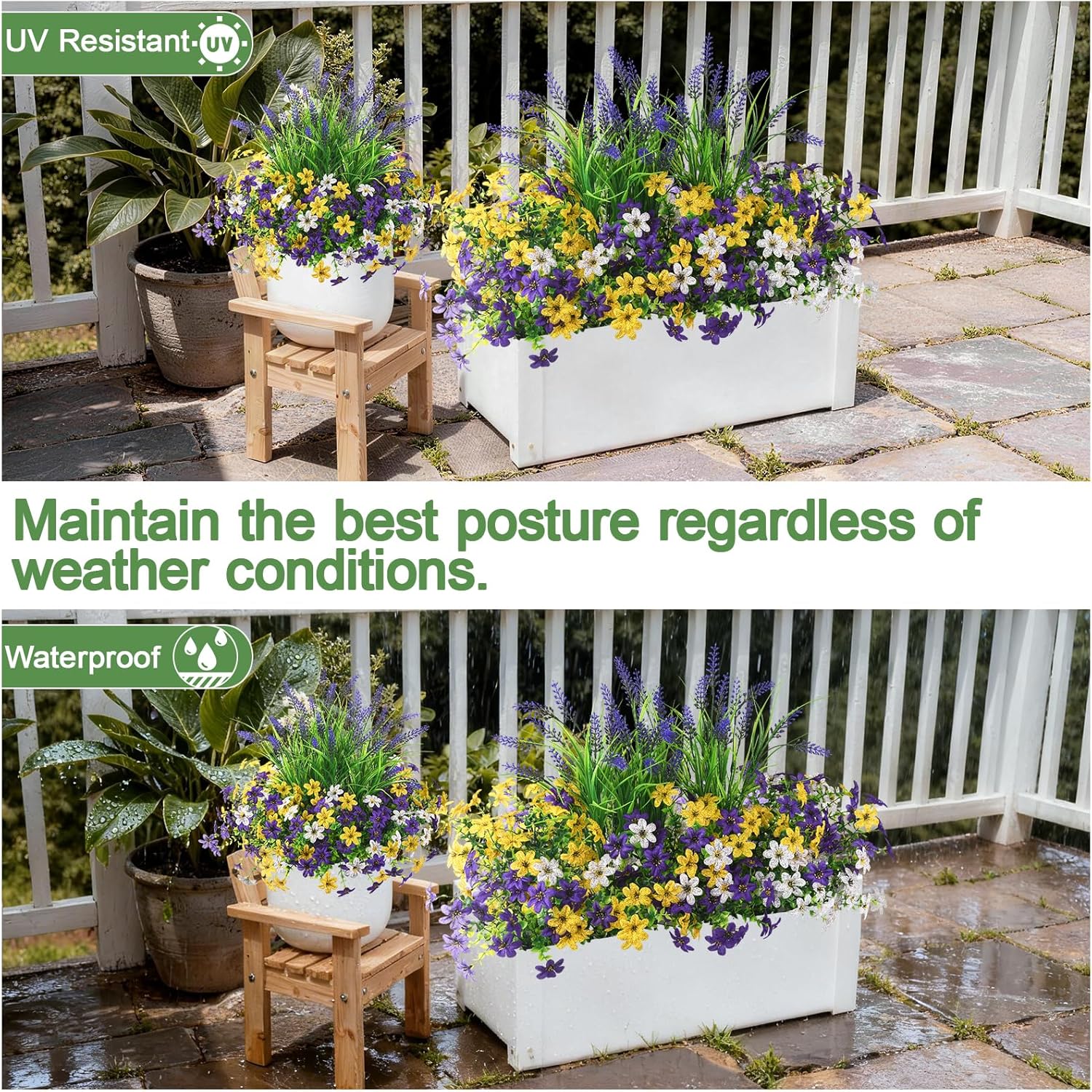 Artificial Flowers for Outdoors UV Resistant, 14 Bundles Fake Flowers Daisy with Lavender Faux Outdoor Plants Silk Flower for Outside Planters Patio Porch Window Garden Yard Spring Summer Decoration