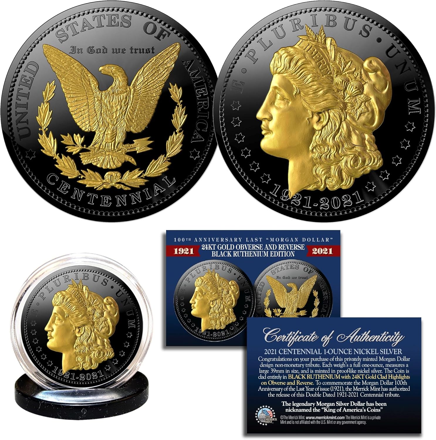 Morgan Dollar Tribute Coin 100th Anniversary 1 OZ. Black Ruthenium & Gold
