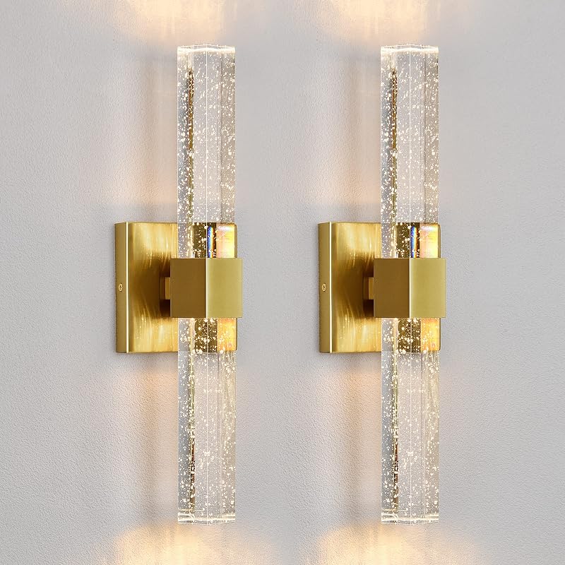 Epinl Gold Wall Sconces Set of Two - Bathroom Sconces Wall Lighting 14W Dimmable LED Crystal Wall Light with Bubble Glass 15.7inch Indoor Vanity Lights for Bathroom Hallway Bedroom (2 Pack)