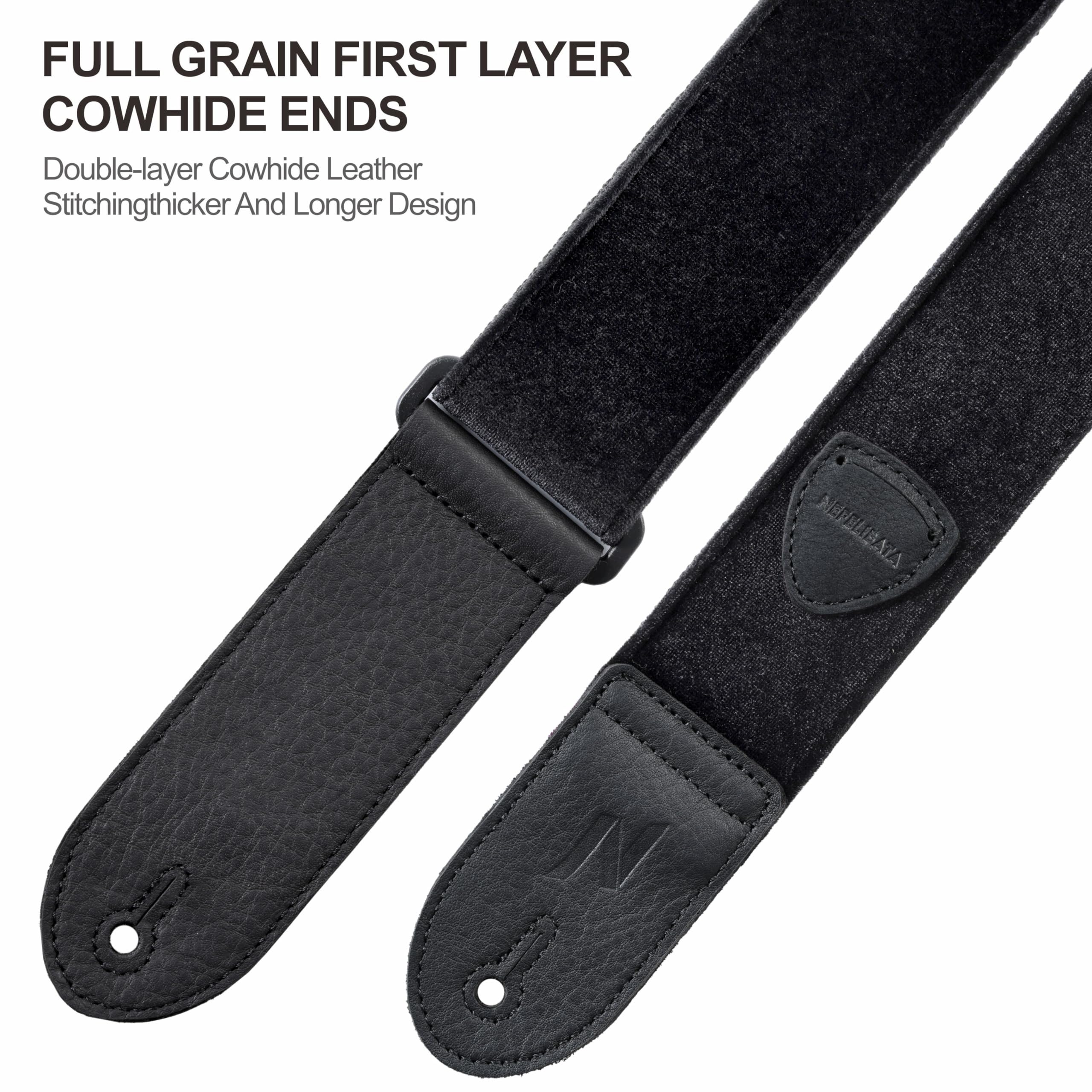 Nefelibata Guitar Strap,Double Full-Grain Leather Ends,Vintage Velvet Strap/FREE BONUS-4 Picks+Locks+Strap Button,Gift For Bass,Electric&Acoustic Guitars(Vintage Mystic Black) - Image 3