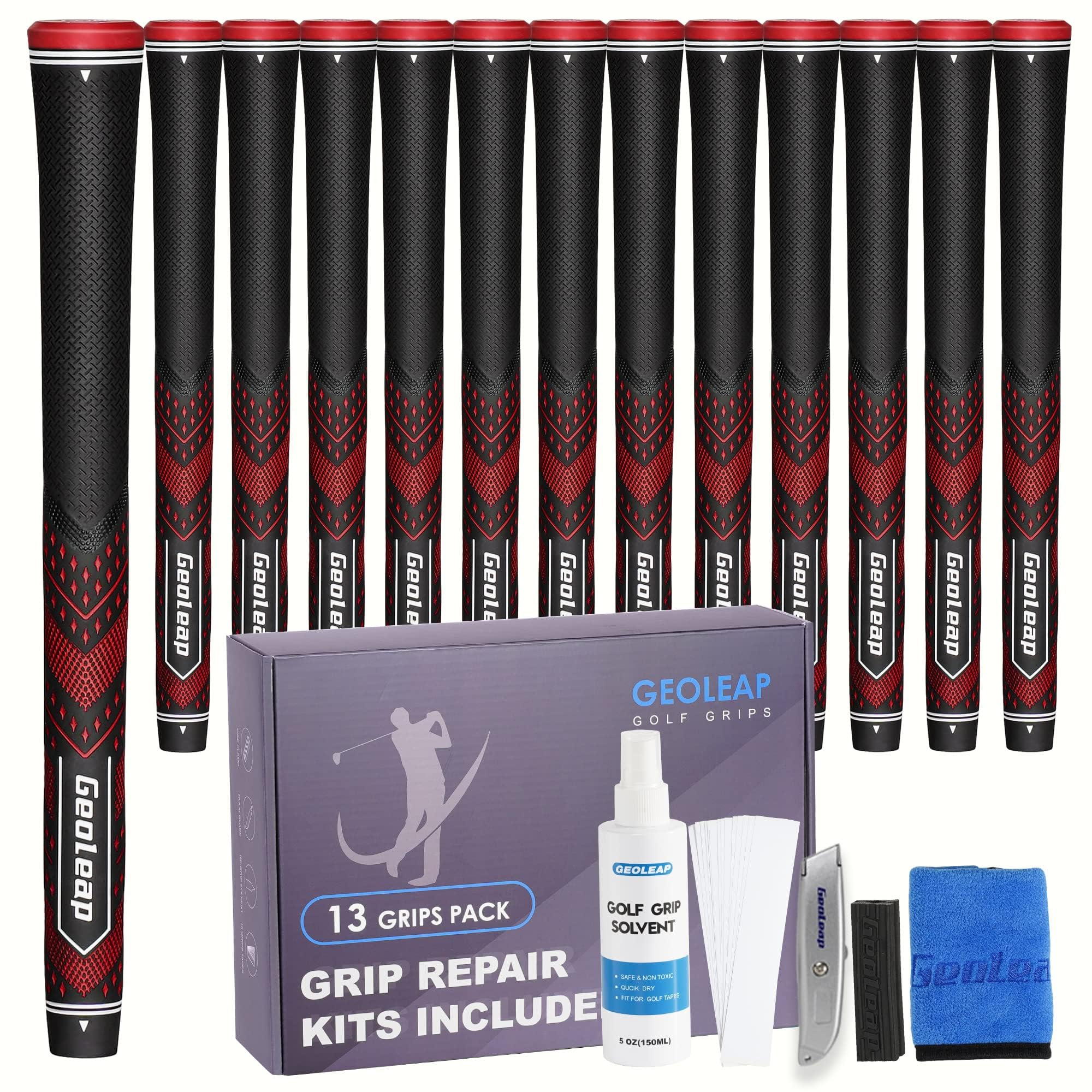 Geoleap Golf Grips Set of 13- Soft Reduce Taper Design Provides High Traction and Performance,13 Golf Club Grips with 15 Tapes or with All Repair Kits for Choice.