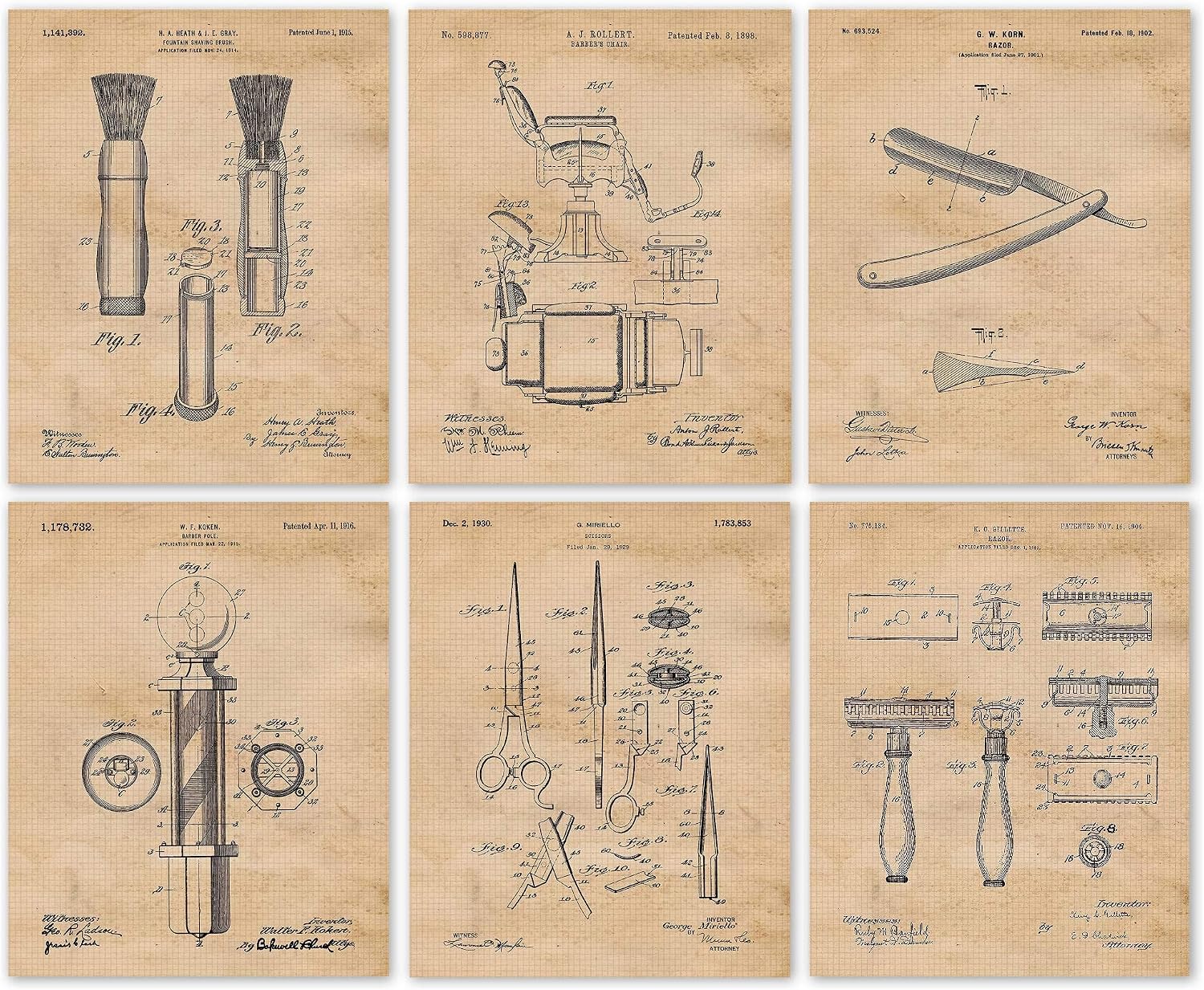 Classic Barber Patent Prints, 6 (8x10) Unframed Photos, Wall Art Decor for Home Work Office Styling Gears Tools Shop Salon Lounge Studio School Student Teacher Coach Cosmetic Make Up Hair Beauty