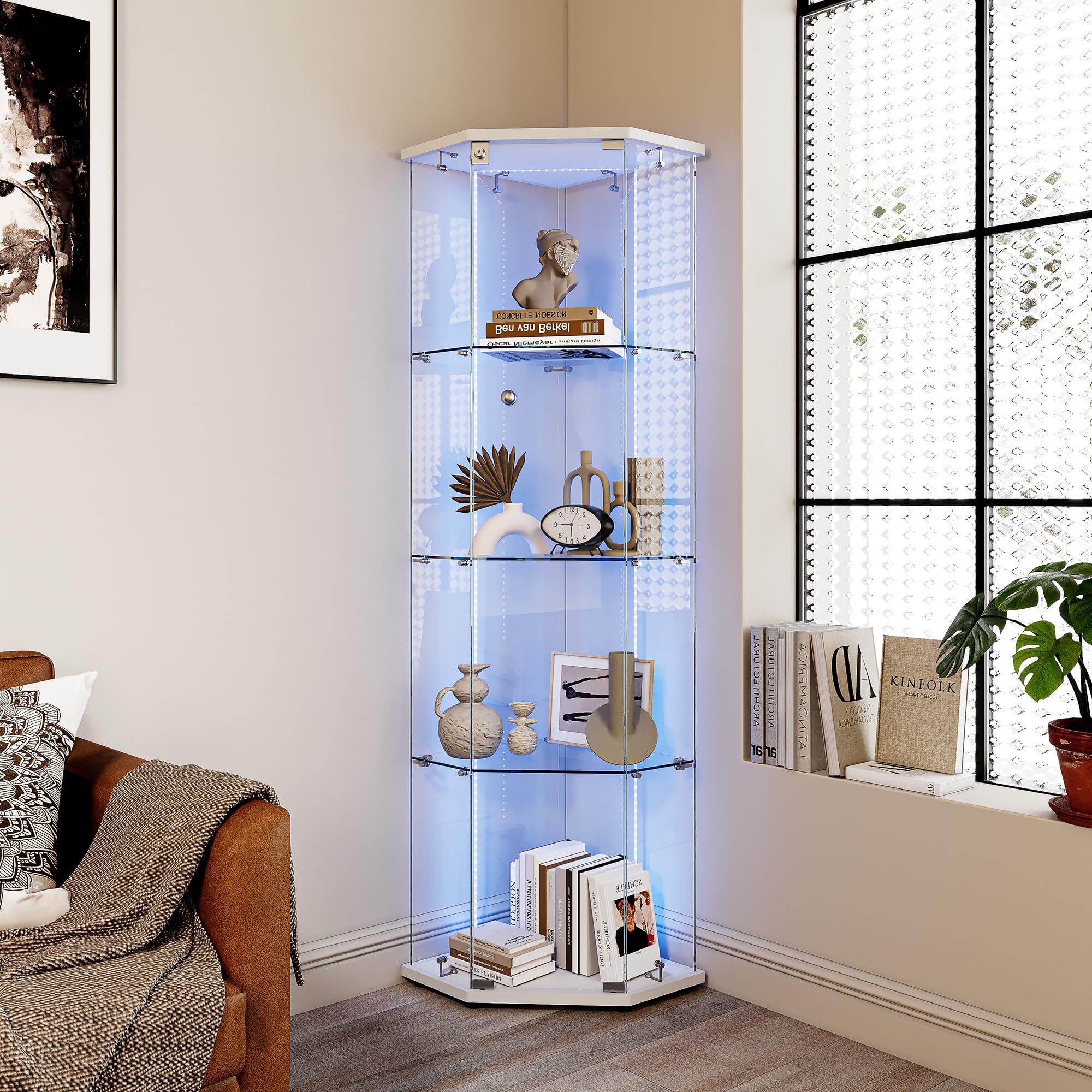 Vetrina, vetrina vetro LED vetrina in vetro per collezione con 1 anta vetrina vetro 4 strati armadio ad angolo armadio vetrina con serratura vetrina mobile trasparente per soggiorno bar