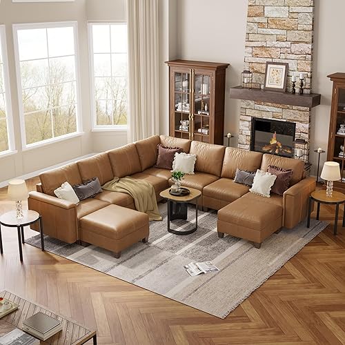 SITJOY 113" Faux Leather Modular Sectional Sofa with Storage, Mid Century Modern Sectional Couches for Living Room, Soft Padded Armrests, 9 Seat V Shaped Sectional Couch with Chaise, Brown