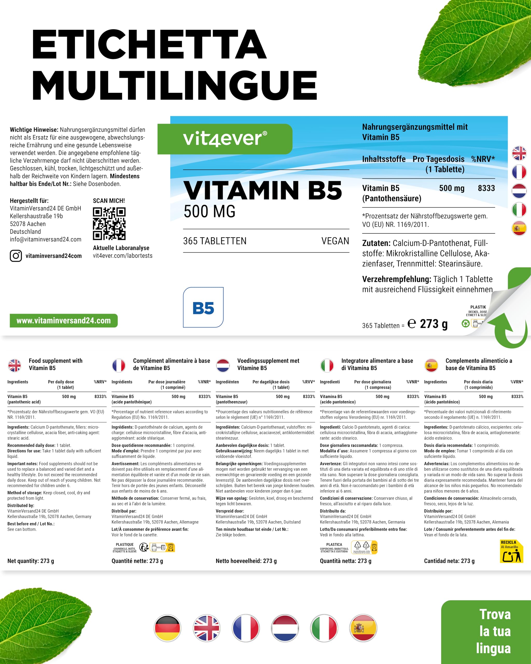 vit4ever Vitamina B5 (Acido Pantotenico) - 500 mg - 365 Compresse - Scorta per 1 anno - Alto Dosaggio - Senza Additivi Indesiderati - Vegano