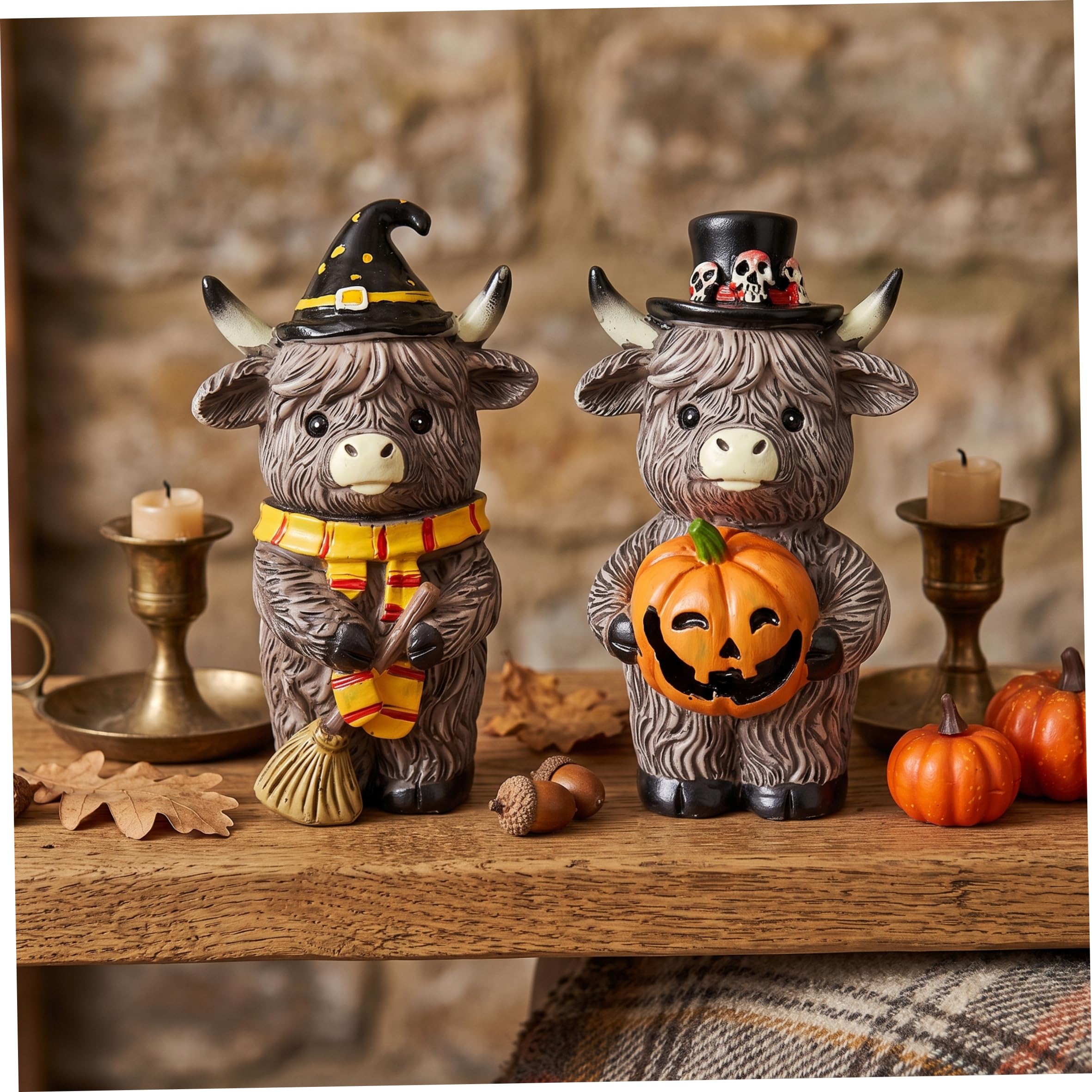 Faticenic 2-piece Highland Cow Figurines, Resin Tabletop Halloween Decor with Broom Pumpkin Accents