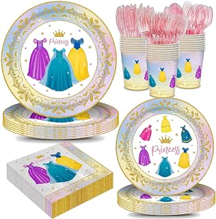 168pcs Princess Birthday Party Decorations Princess Plates Napkins Girls Paper Cups Party Supplies Disposable Tableware Set for Kids Girls Birthday Decor 24 Guests