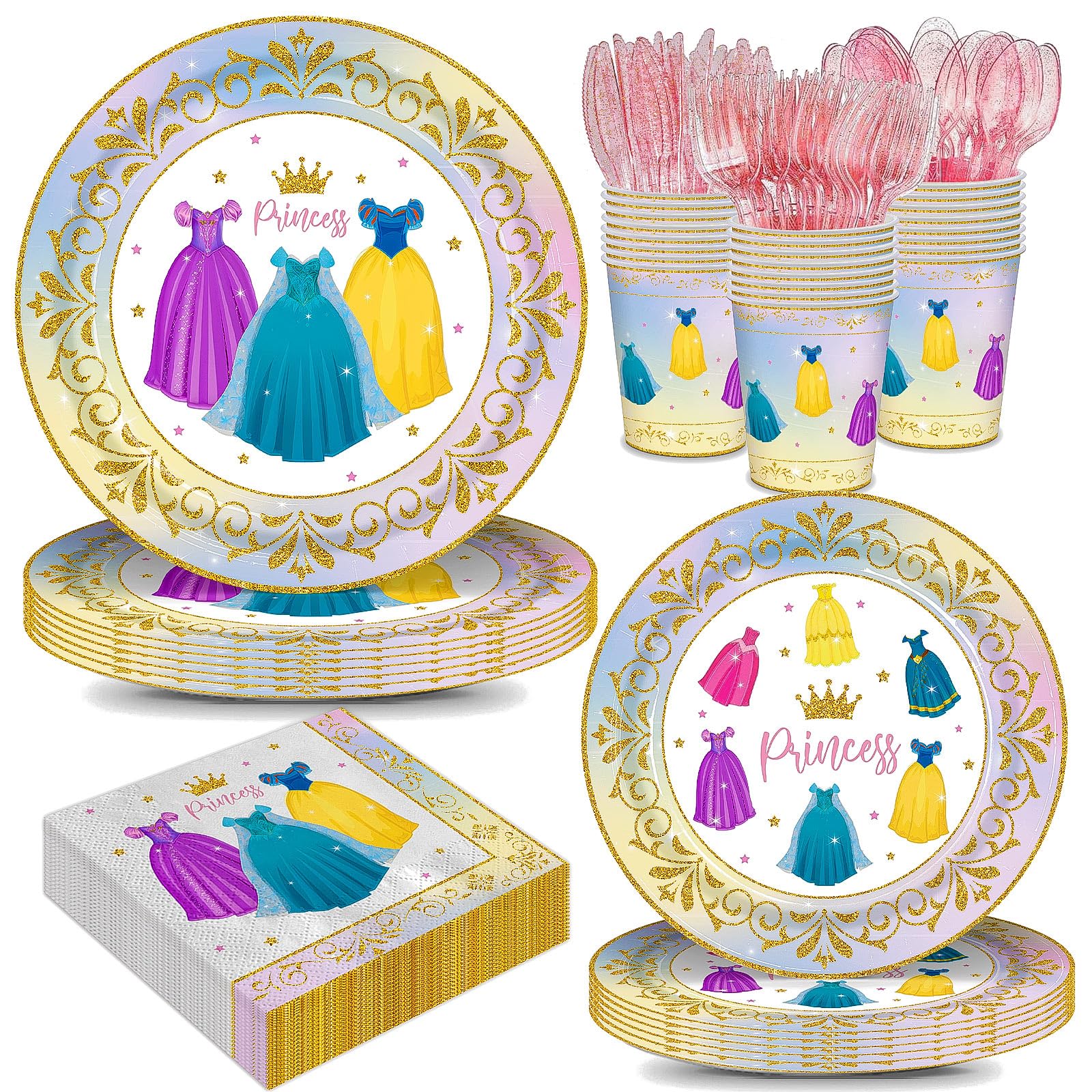 168pcs Princess Birthday Party Decorations Princess Plates Napkins Girls Paper Cups Princess Party Supplies Disposable Tableware Set 24 Guests