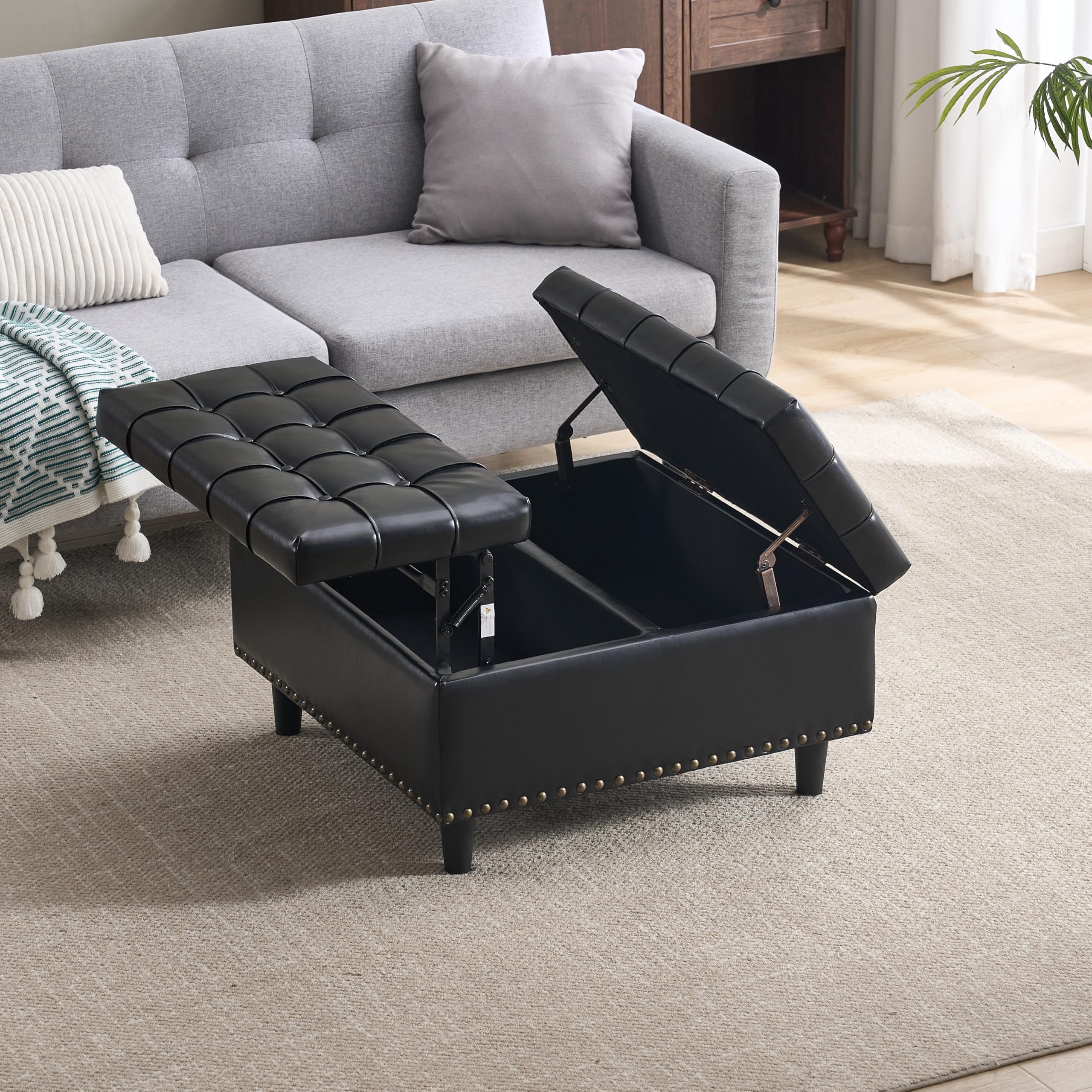 Sedia grande con vano portaoggetti quadrata, scatola imbottita, adatta per soggiorno, camera da letto, studio (nero PU)