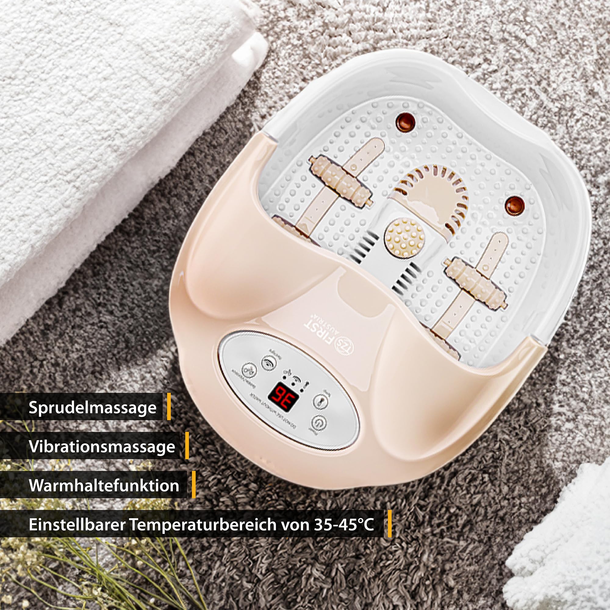 TZS First Austria - Fußbad mit Massagefunktion Digital - 450W - LED-Display & Rotlicht - Bis Schuhgröße 43 - Elektrisches Fußsprudelbad mit 3 Aufsätzen, Spritzschutz & Aromabox - Beige