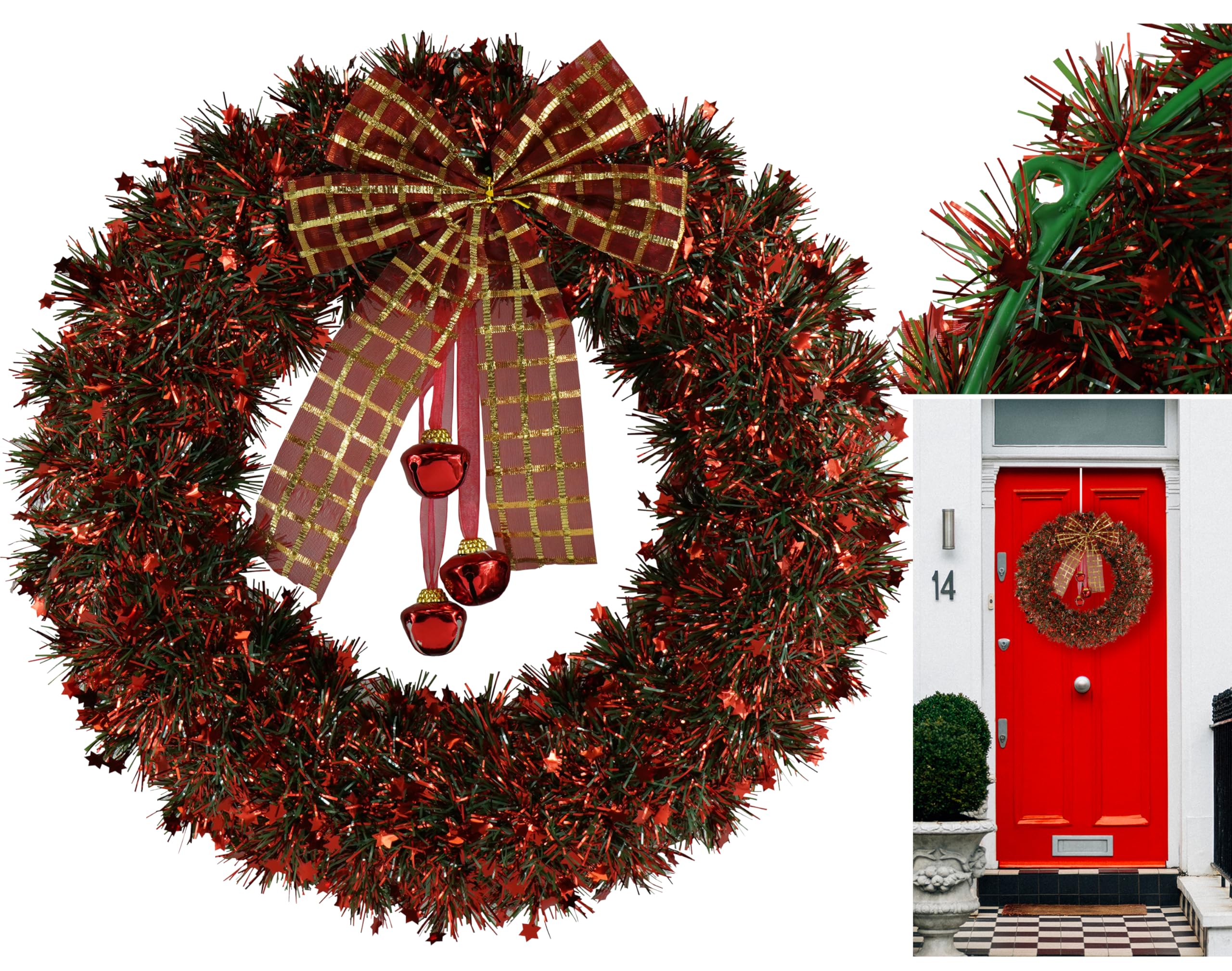 Christmas Red Tinsel Wreath with Bells- 40cm| Thick Door Hanging Decoration for Indoor Outdoor Stairs, Fireplaces| Christmas Wreaths for Front Door Large