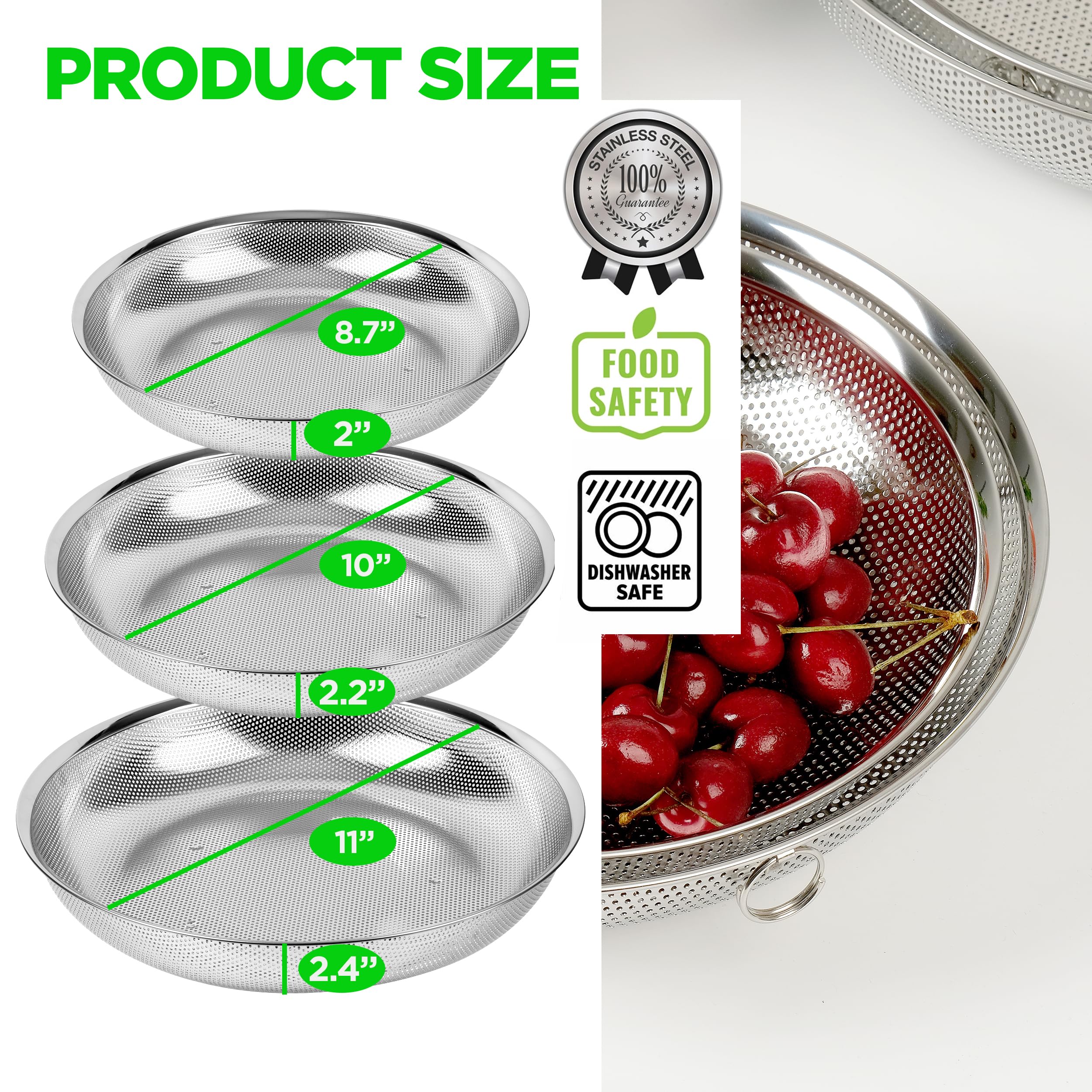 Set di 3 colini comodi di alta qualità, in acciaio inox 18/8 304, con vassoio microperforato poco profondo, 2-3-4 litri, base solida autodrenante per pasta, frutta, verdura, prodotto in