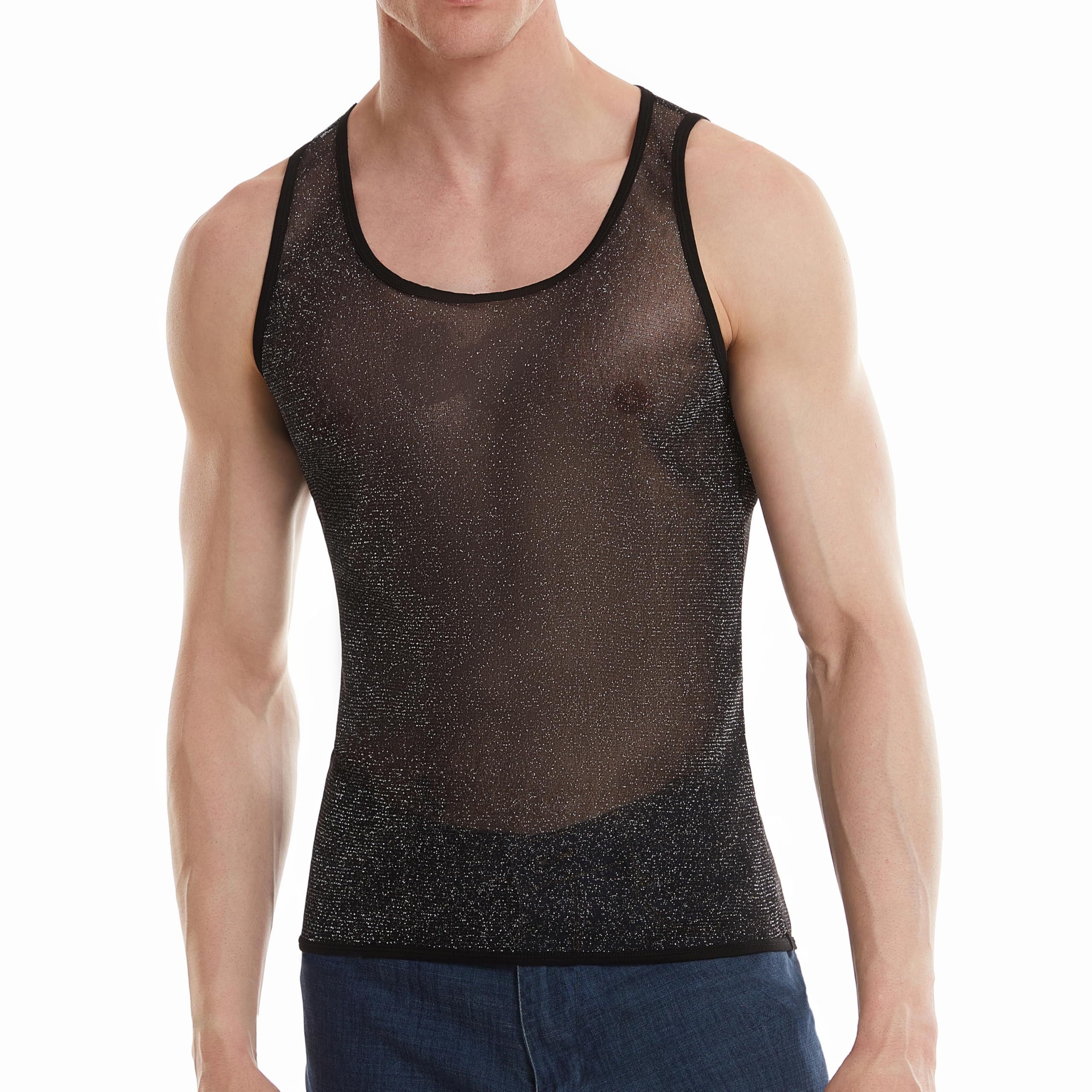 Men's Glitter See Through Sleeveless Slim Gym Vest Athletic Tank Tops