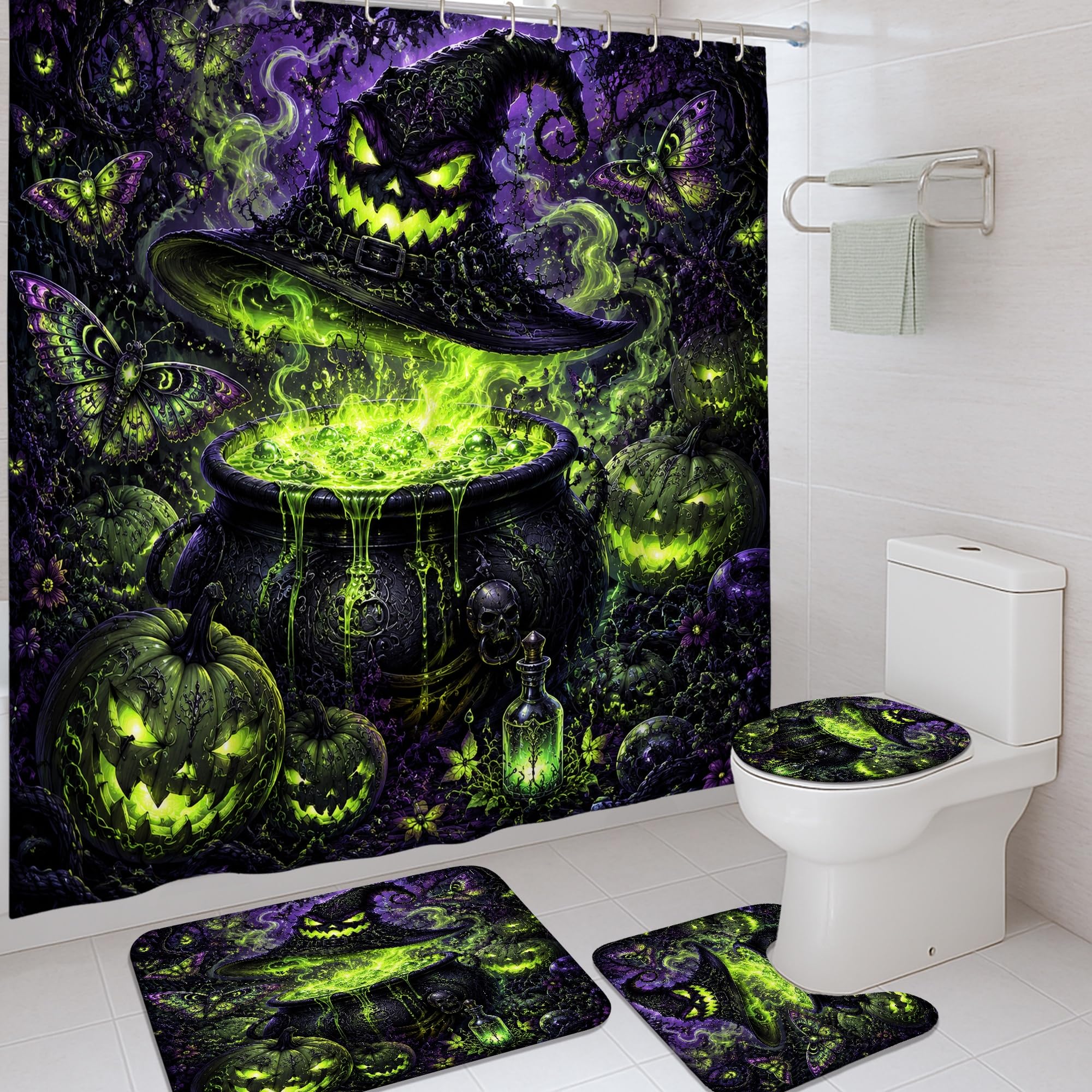 Ensemble de rideau de douche chaudron vert Halloween polyester imperméable