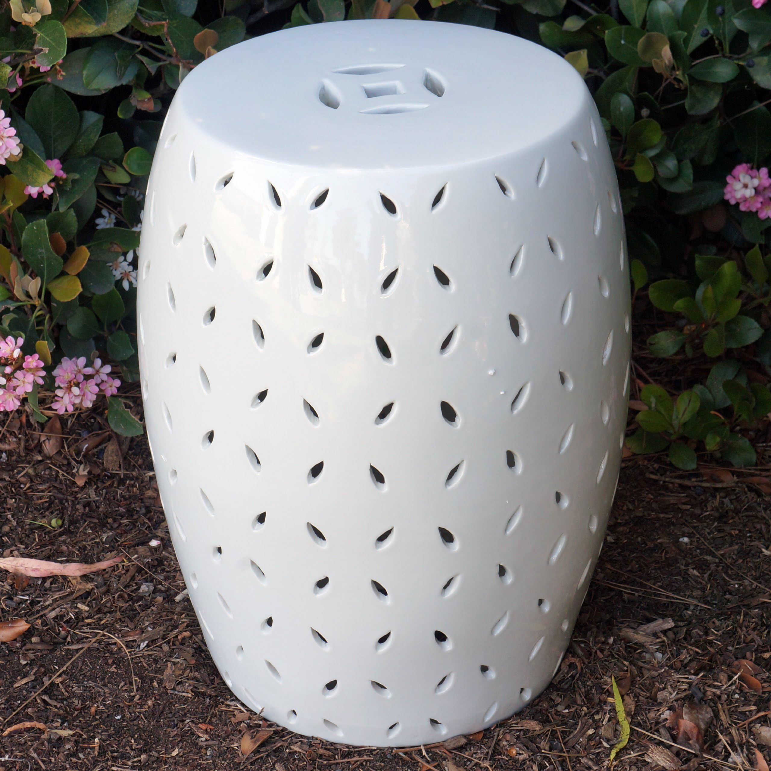 Tao Accents White Coin Carving Handmade Porcelain Garden Stool