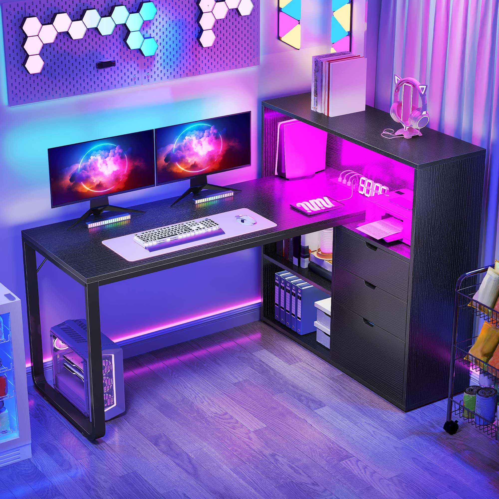 DWVO L Shaped Desk with Drawers, 55" Corner Computer Desk with Bookshelf & Power Outlets & LED Lights, Home Office Desk with Storage Shelves, Black