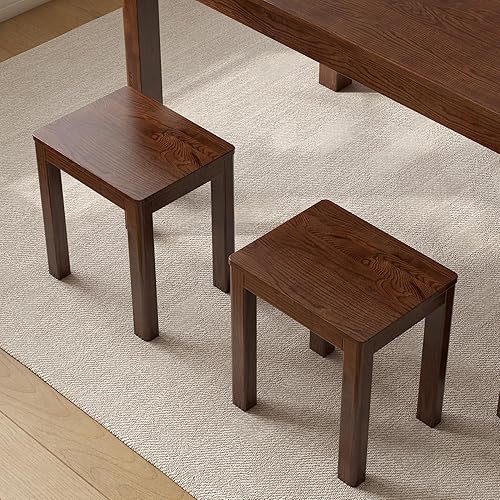 Miniatura 10 de Taburete tapizado con patas de madera maciza, reposapiés otomano acolchado de cuero de nogal para entrada, cocina, 1 unidad Nuez,Nogal sin cojín