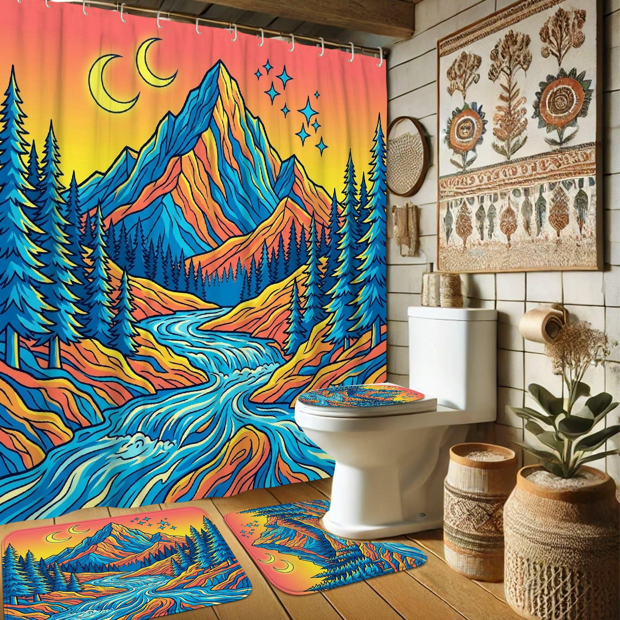 Rideaux de douche haut de gamme en tissu imperméable 183x183cm motif montagne et rivière d'été