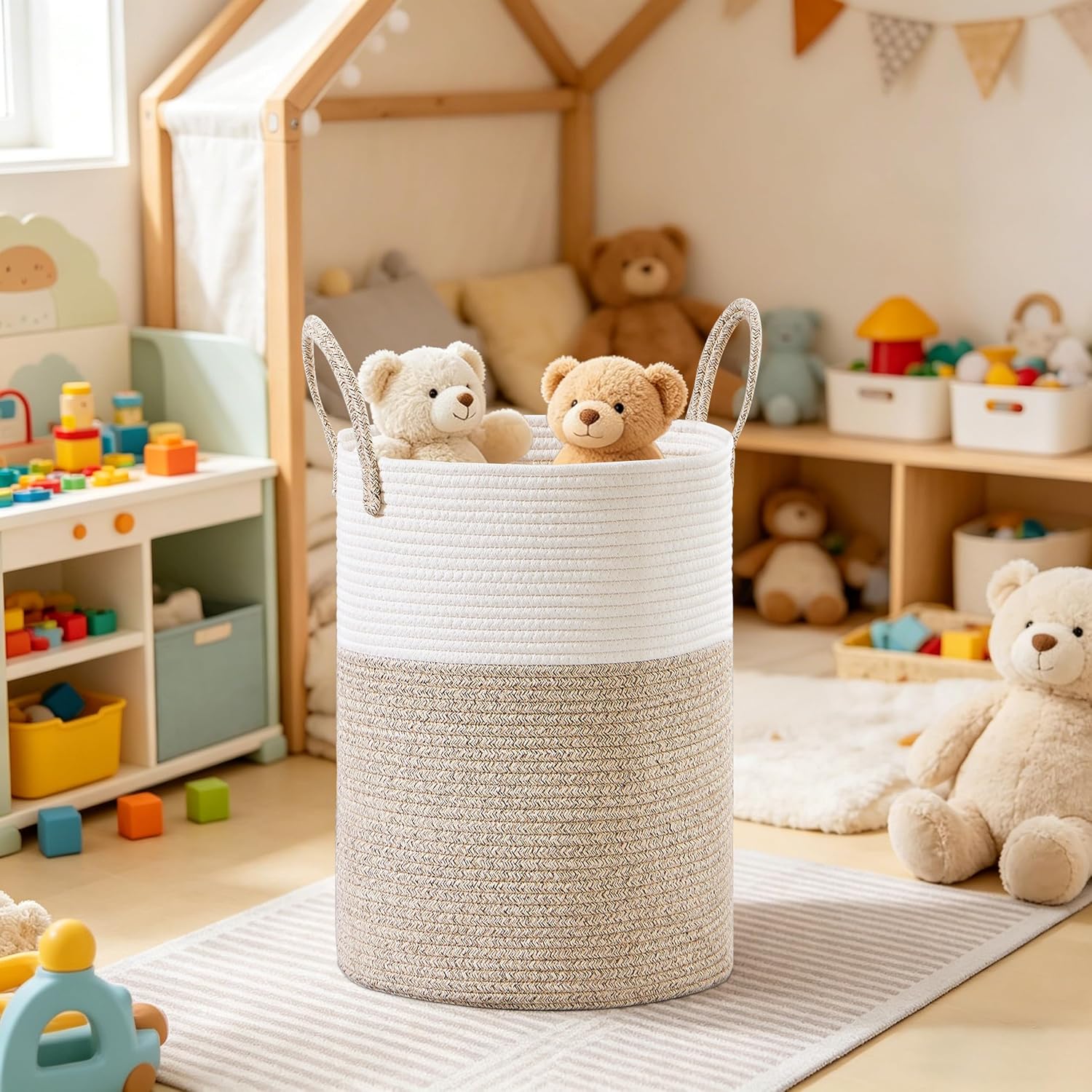 53L Tall Cotton Rope Laundry Basket with Handles, Brown | Storage Bin for Clothes, Blankets & Kids Toys, Boho Woven Hamper, Portable Organizer for Nursery, Bedroom, Living Room