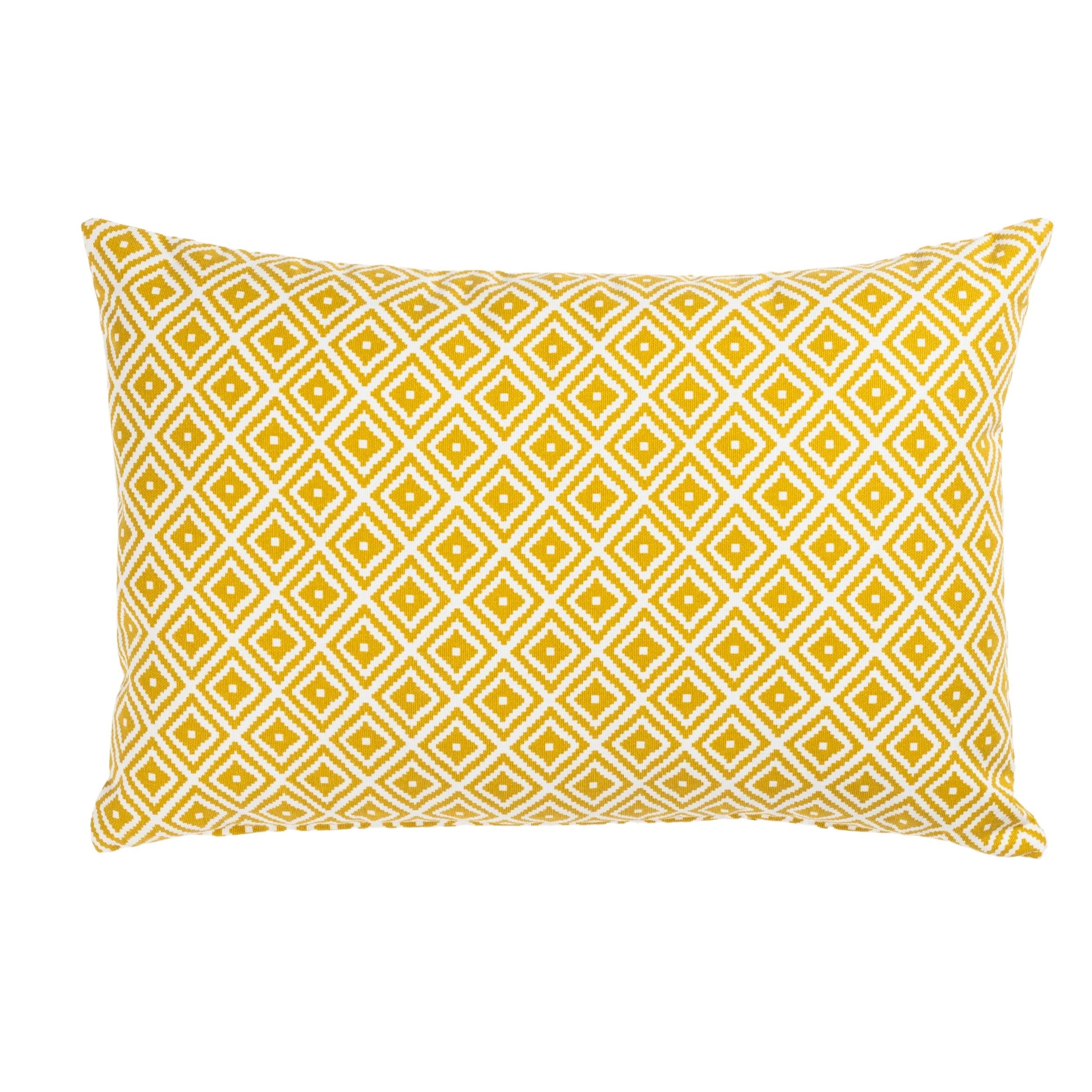 Linen Loft Yellow Scandi Geometric Ikat Boudoir Cushion Cover In Ochre Double Sided. Modern Printed Diamond Pattern In Mustard & White. 17X12 Cover Only
