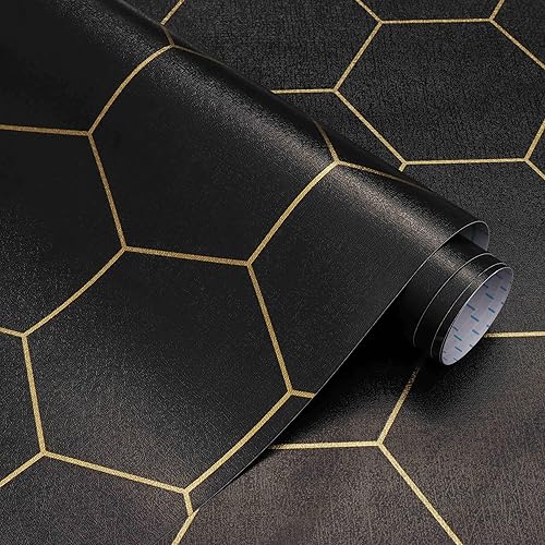 Papel tapiz geométrico negro para despegar y pegar, papel de contacto dorado y negro, rollo decorativo para estantes y cajones, 17.3" x 393" -