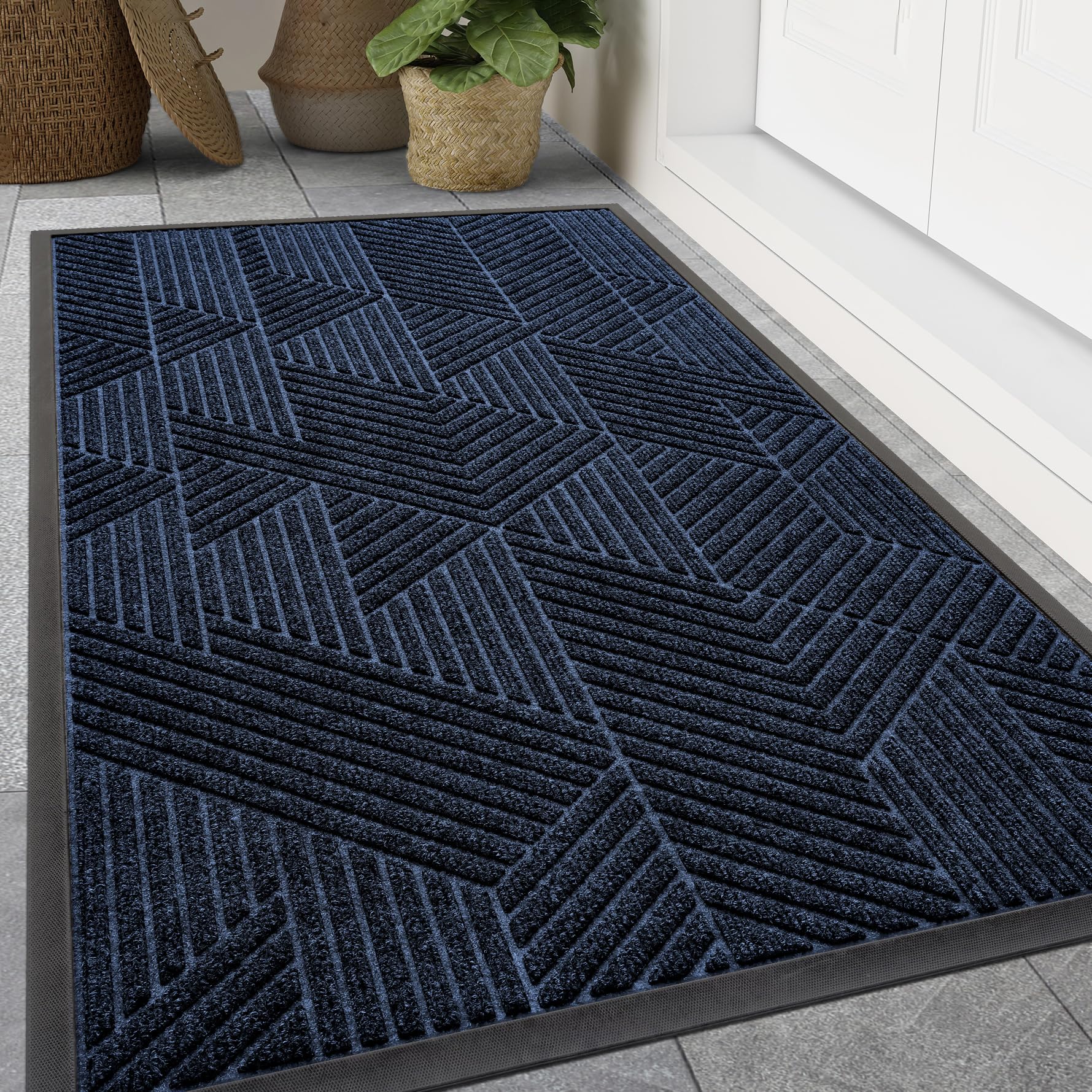 Smiry Front Door Mat Outside Entrance, Heavy Duty Sturdy Natural Rubber Doormat, Trap Dirt and Moisture, Easy Clean Low Profile Mats for Indoor Outdoor Entry, Irregular Triangle (71x47, Navy Blue)