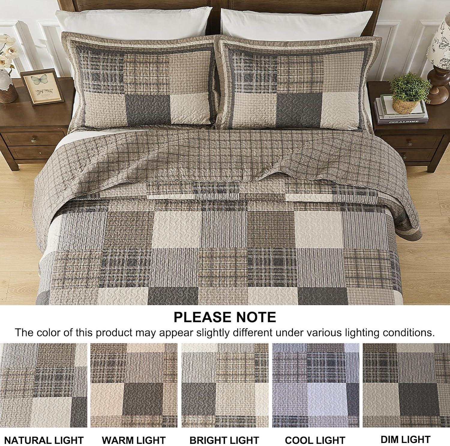 Oversized King Bedspread 120x120, 100% Cotton Farmhouse California King Quilt Set, Patchwork Plaid Coverlet, Quilted Reversible Bedding Cover, 3 Pieces, Brown/Gray/Beige